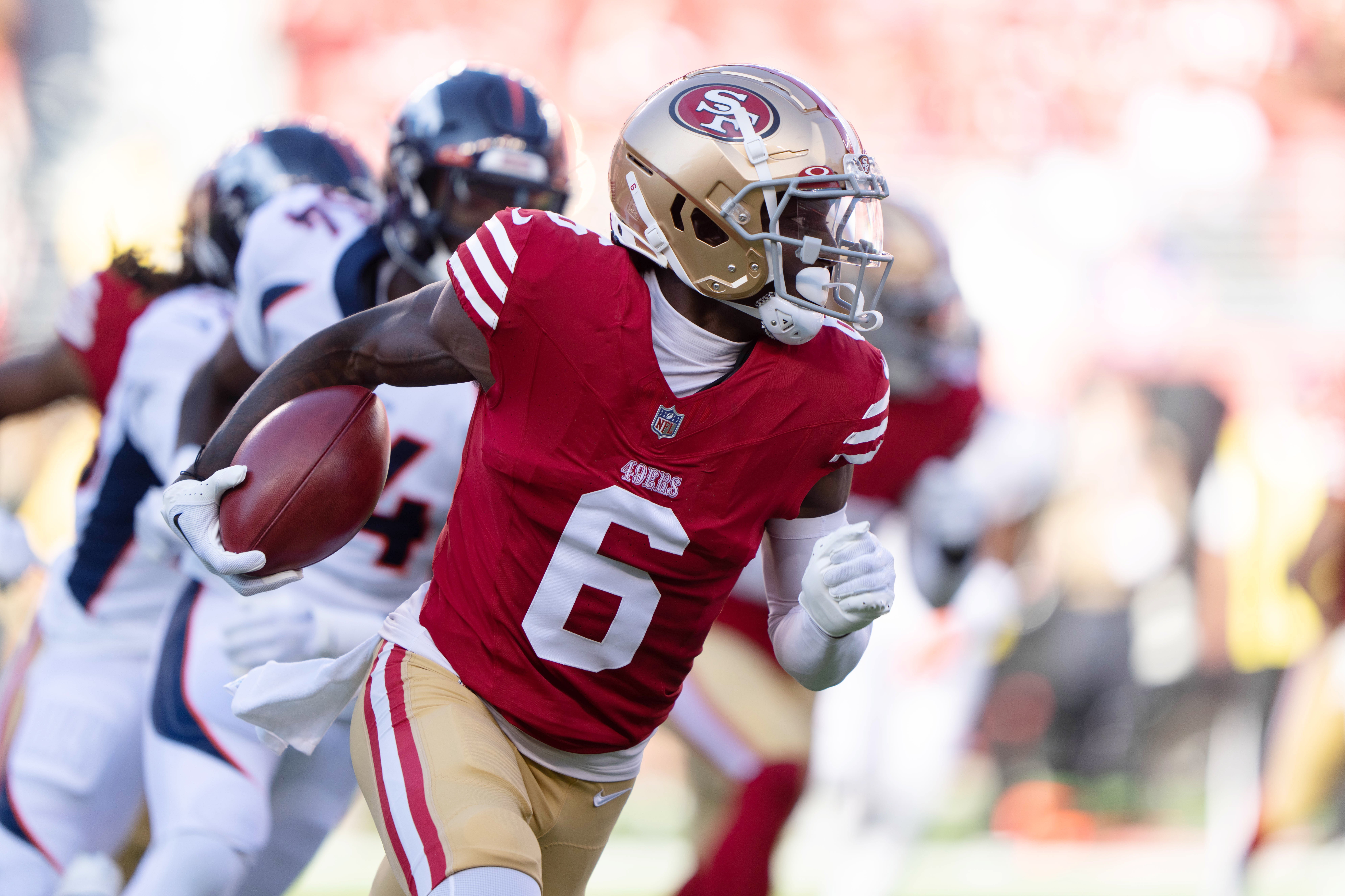 Aug 19, 2023; Santa Clara, California, USA; San Francisco 49ers wide receiver Danny Gray (6) runs during the first quarter against the Denver Broncos at Levi's Stadium.