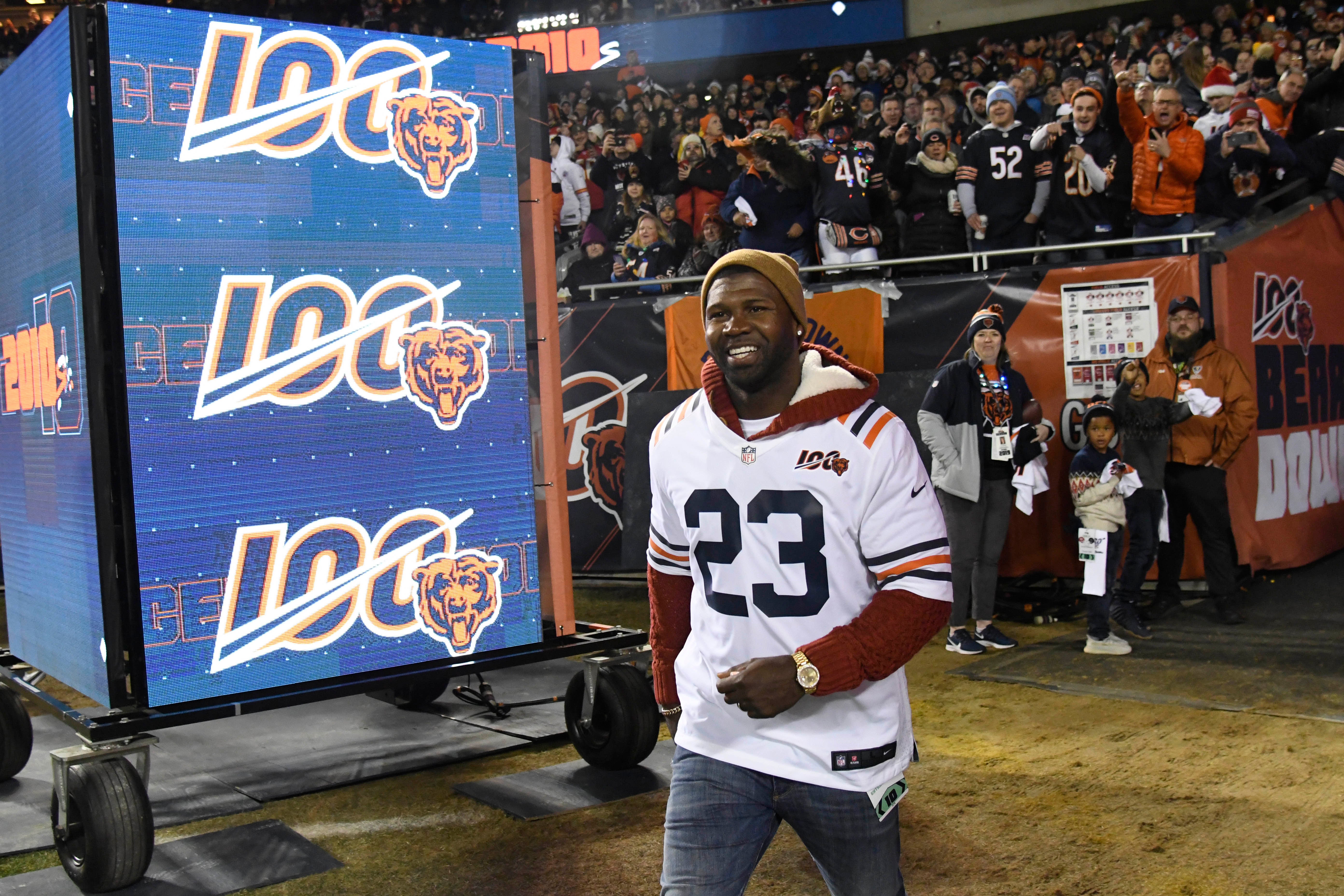 Dec 22, 2019; Chicago, Illinois, USA; Chicago Bears former player Devin Hester is introduced before a game between the Chicago Bears and the Kansas City Chiefs at Soldier Field.