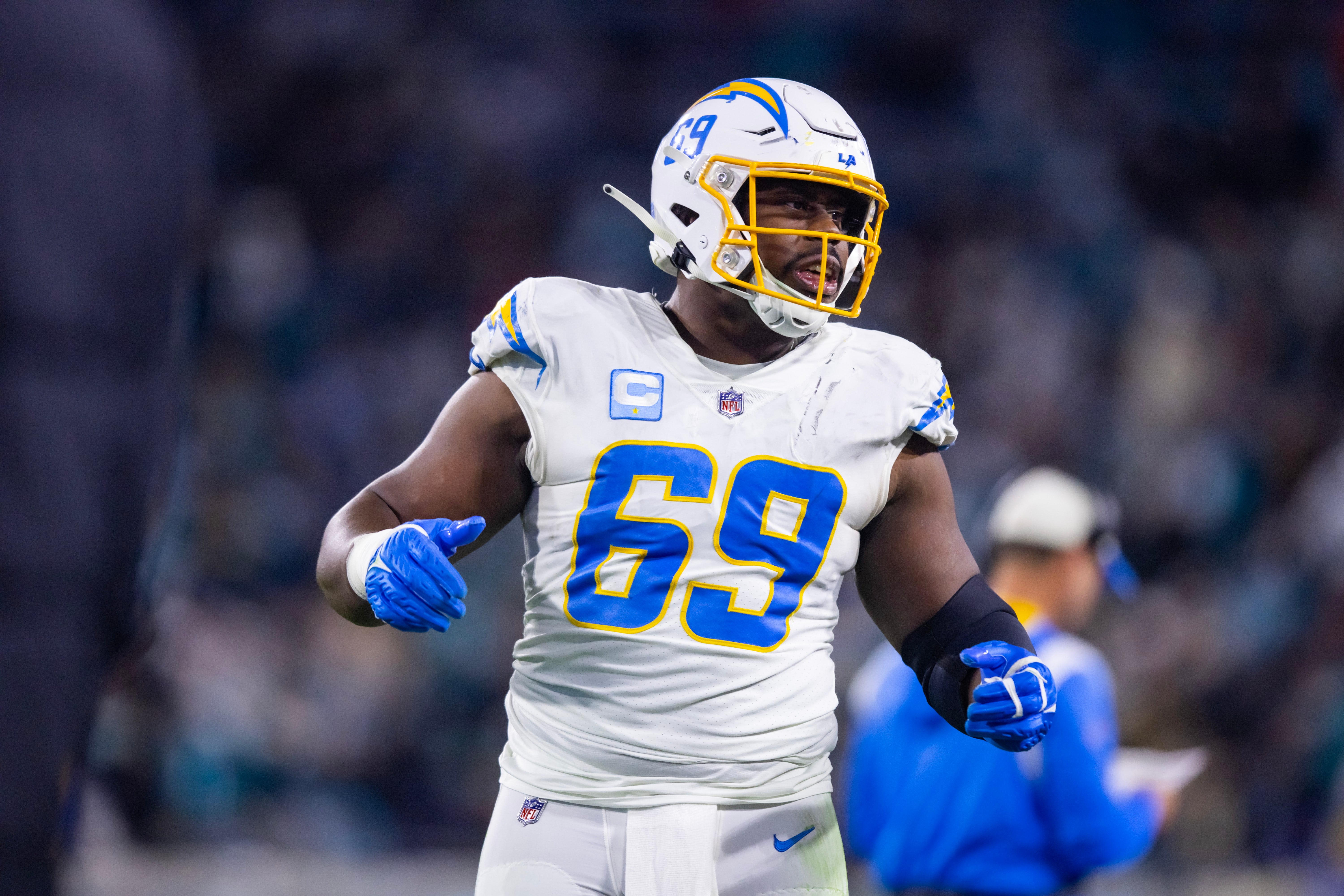 Jan 14, 2023; Jacksonville, Florida, USA; Los Angeles Chargers defensive tackle Sebastian Joseph-Day (69) against the Jacksonville Jaguars during a wild card playoff game at TIAA Bank Field.