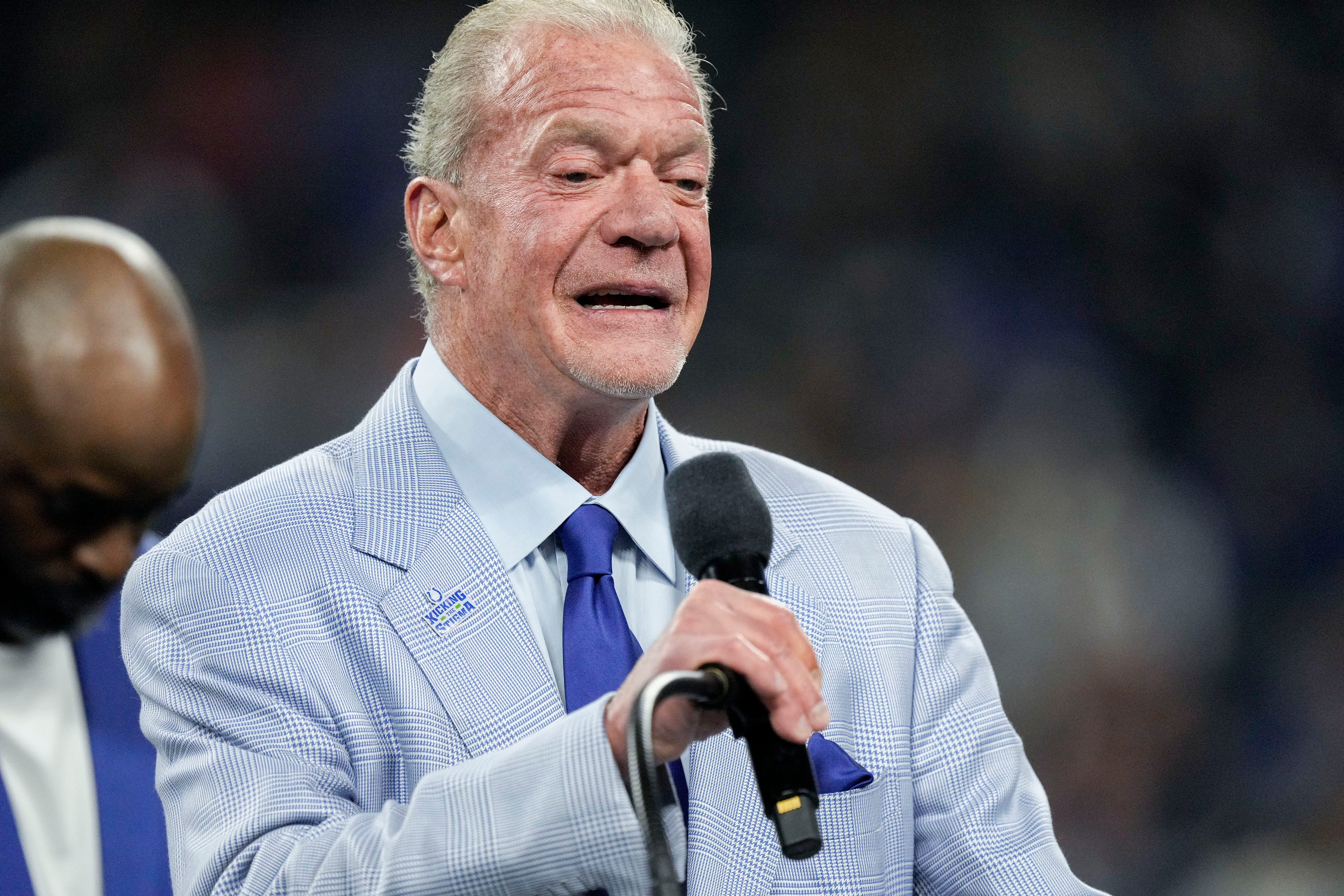 Indianapolis Colts owner Jim Irsay speaks at a Ring of Honor induction ceremony for Tarik Glenn on Sunday, Oct. 30, 2022, during a game against the Washington Commanders at Indianapolis Colts at Lucas Oil Stadium in Indianapolis.