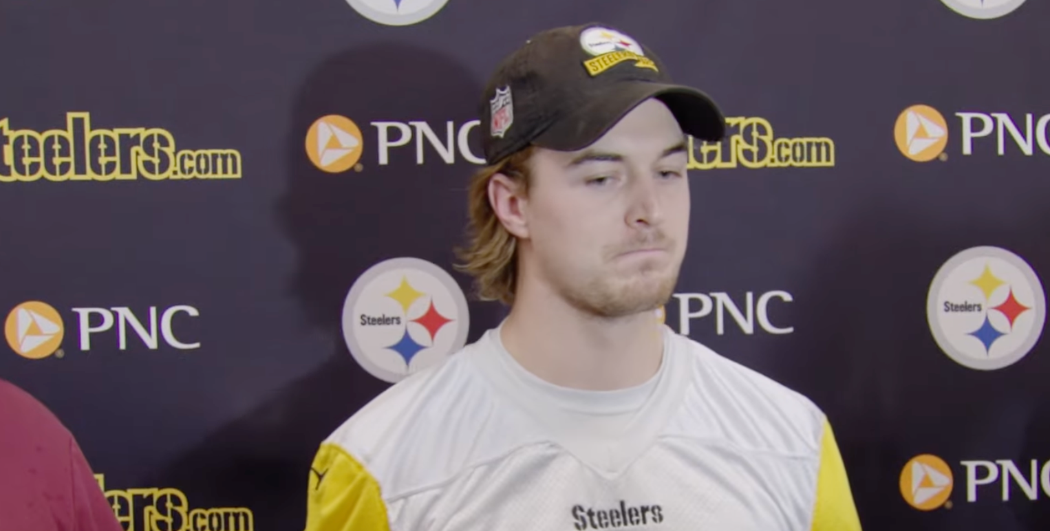 Pittsburgh Steelers QB Kenny Pickett addresses the media, sitting behind Mason Rudolph ahead of the Seattle Seahawks game. 12/27/23