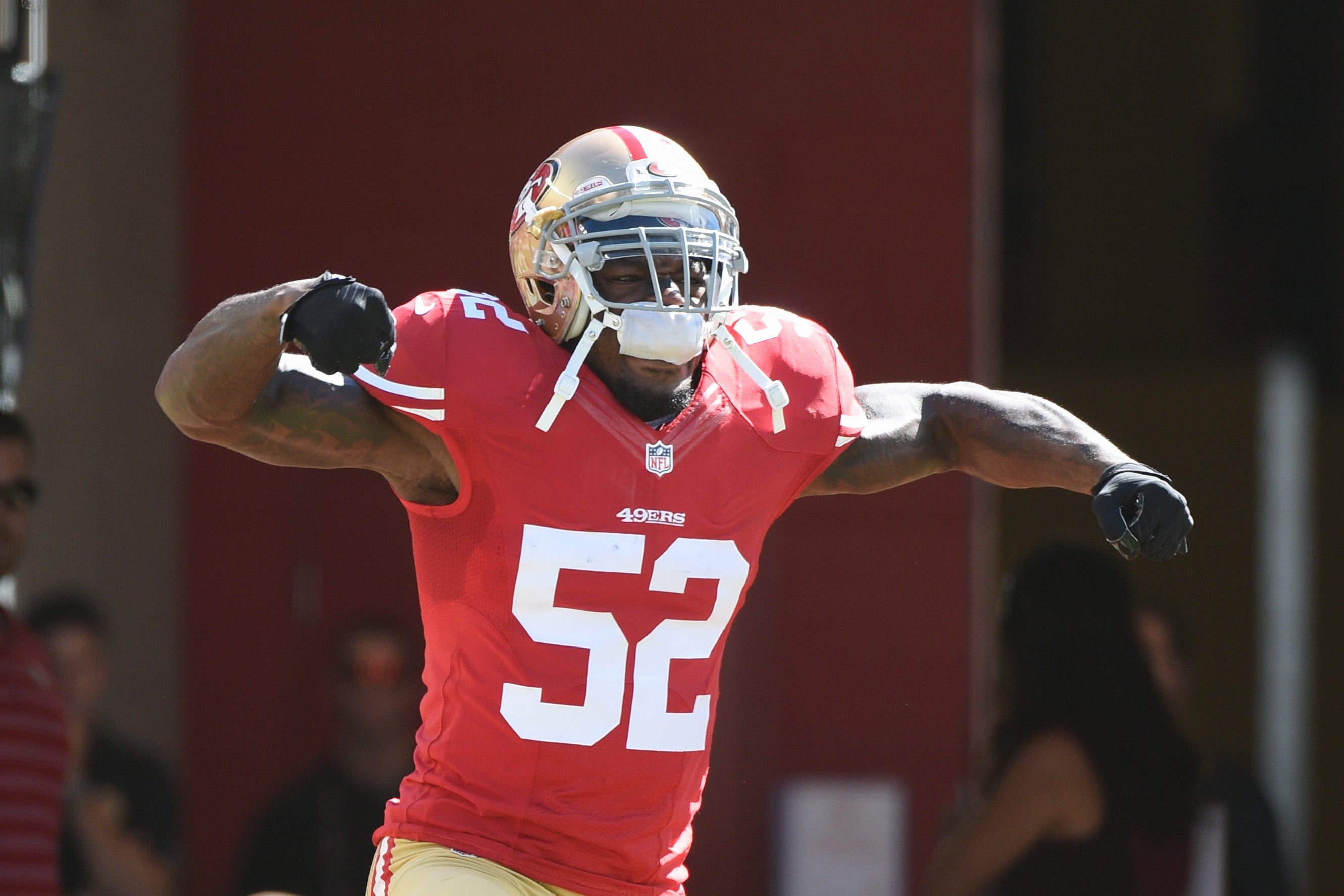 October 5, 2014; Santa Clara, CA, USA; San Francisco 49ers inside linebacker Patrick Willis (52) during player introductions before the game against the Kansas City Chiefs at Levi's Stadium.
