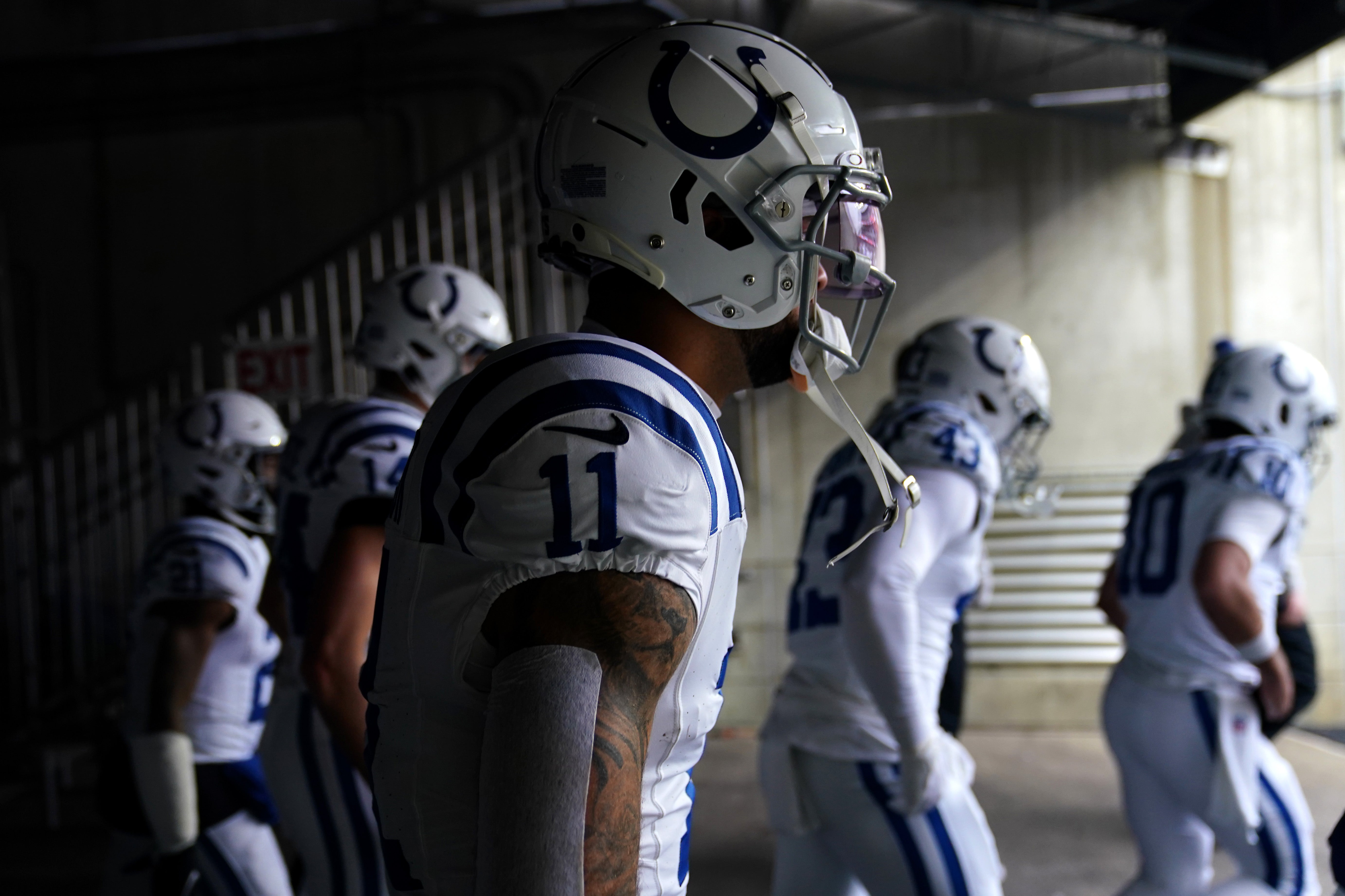 Dec 10, 2023; Cincinnati, Ohio, USA; Indianapolis Colts wide receiver Michael Pittman Jr. (11) gets set to take the field prior to a game against the Cincinnati Bengals at Paycor Stadium.