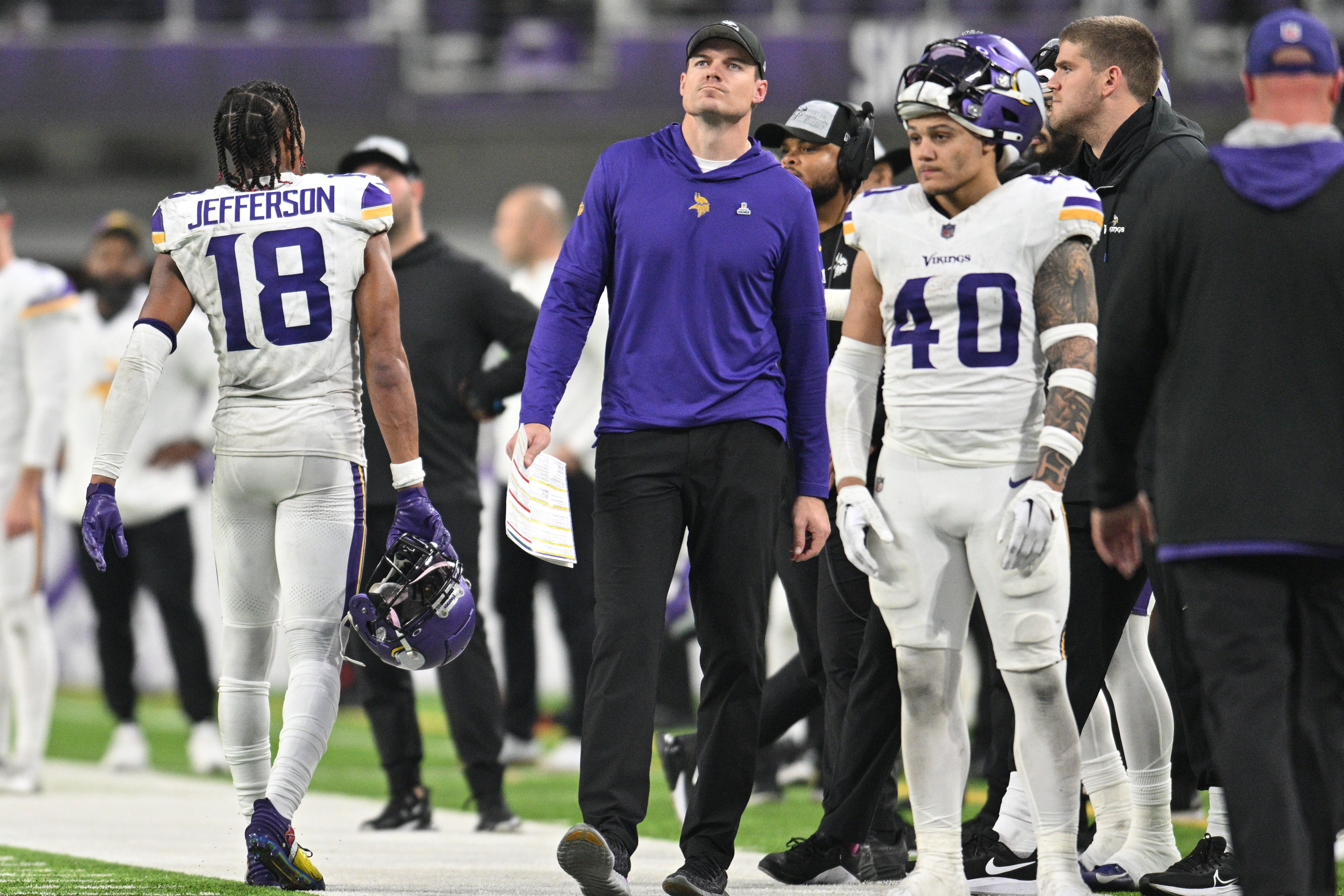 Dec 24, 2023; Minneapolis, Minnesota, USA; Minnesota Vikings head coach Kevin O'Connell and wide receiver Justin Jefferson (18) and linebacker Ivan Pace Jr. (40) react near the end of the game during the fourth quarter against the Detroit Lions at U.S. Bank Stadium. Mandatory Credit: Jeffrey Becker-USA TODAY Sports