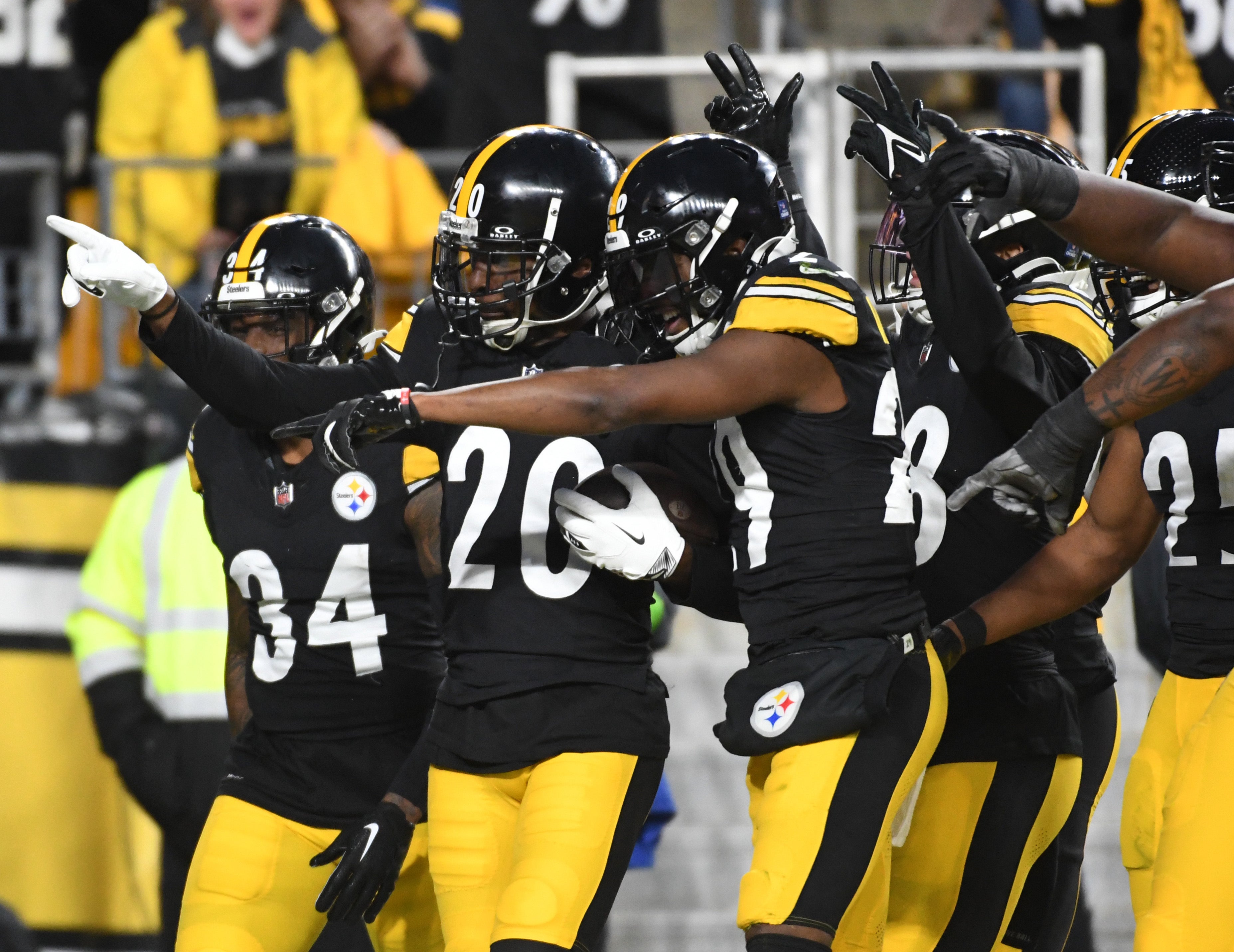 Dec 23, 2023; Pittsburgh, Pennsylvania, USA; Pittsburgh Steelers cornerback Patrick Peterson (20) celebrates a turnover against the Cincinnati Bengals at Acrisure Stadium. Mandatory Credit: Philip G. Pavely-USA TODAY Sports