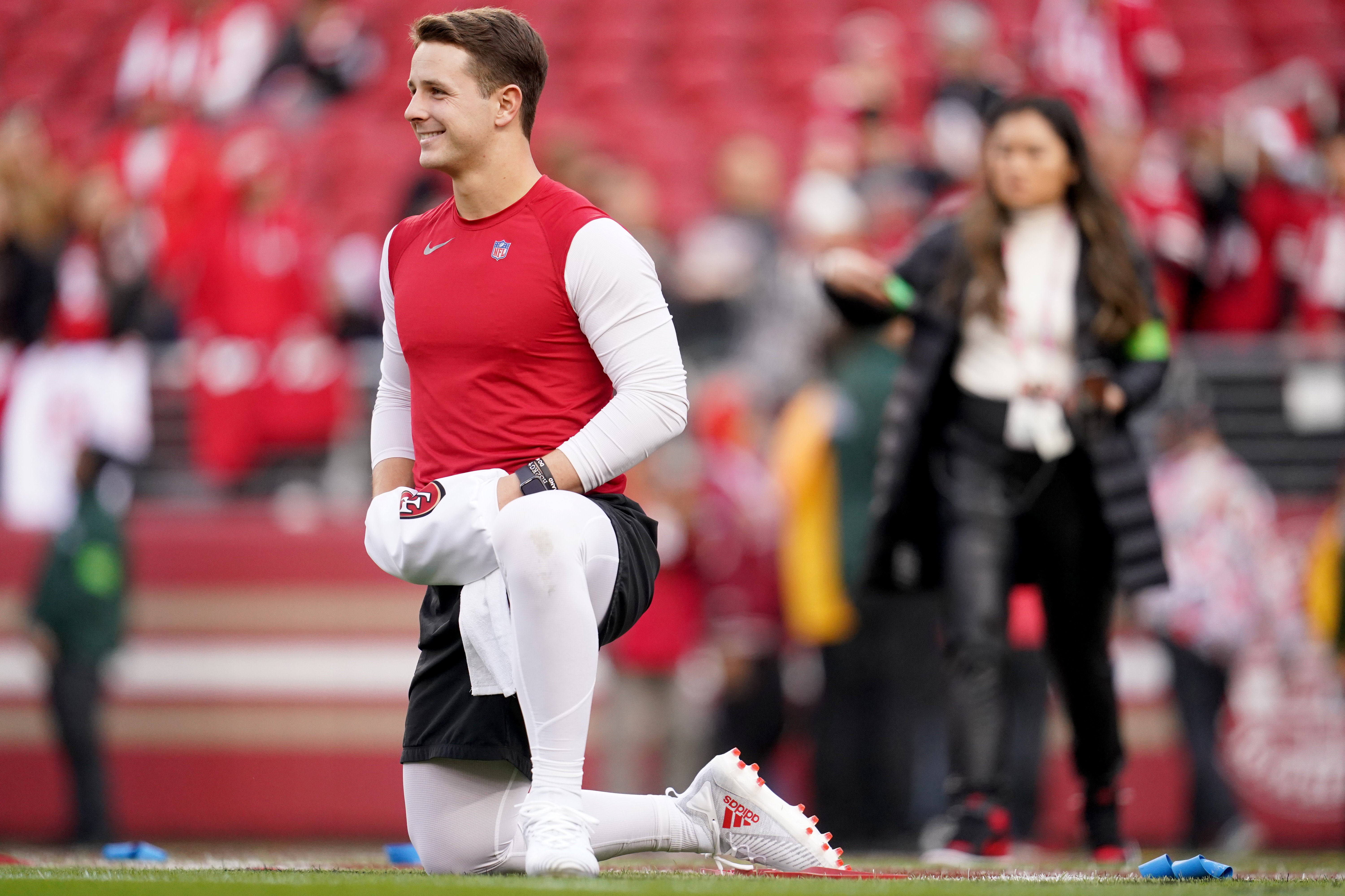 Dec 25, 2023; Santa Clara, California, USA; San Francisco 49ers quarterback Brock Purdy (13) smiles on the field before the start of the game against the Baltimore Ravens at Levi's Stadium.