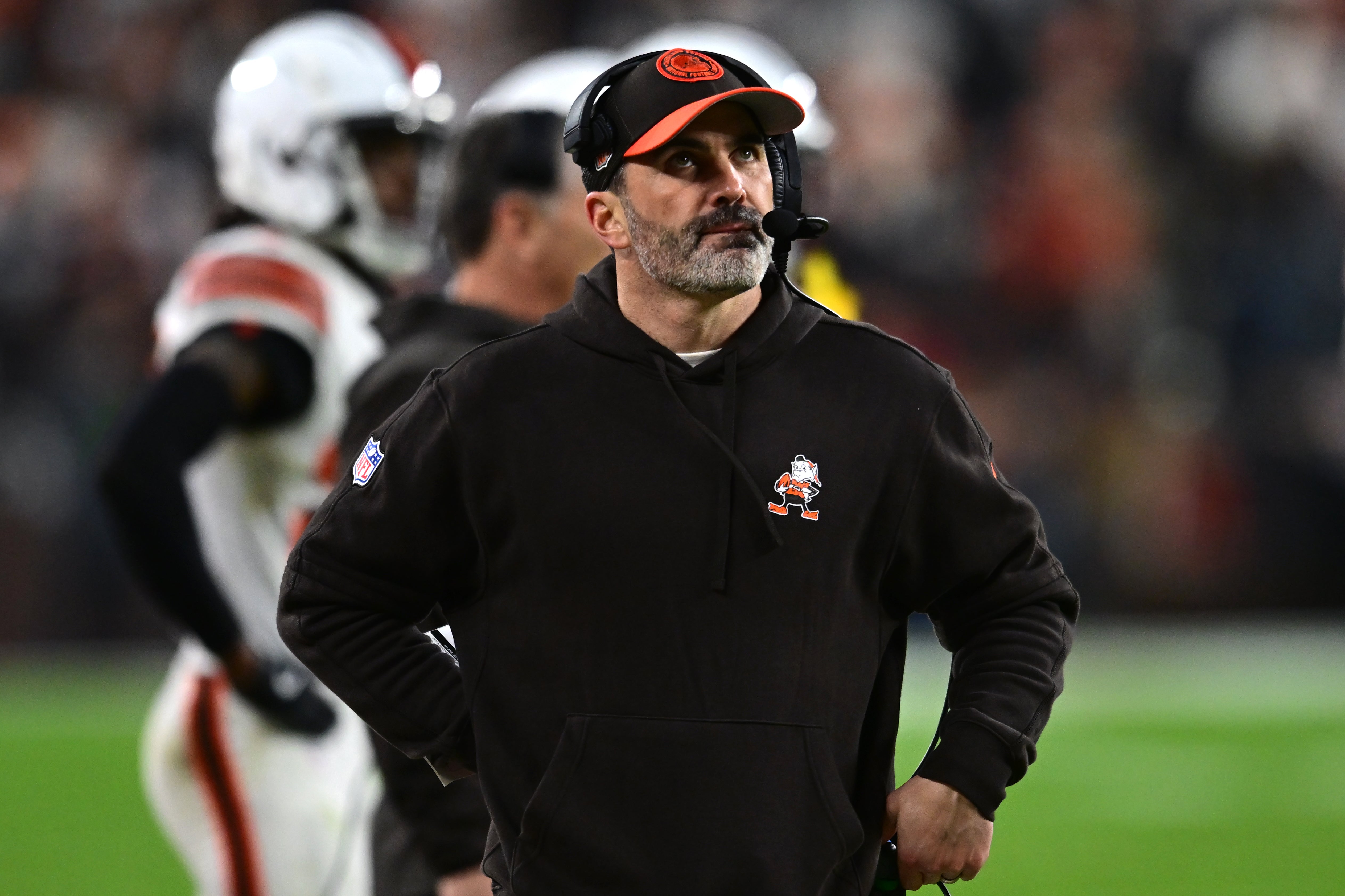 Dec 28, 2023; Cleveland, Ohio, USA; Cleveland Browns head coach Kevin Stefanski looks on during the second half against the New York Jets at Cleveland Browns Stadium. Mandatory Credit: Ken Blaze-USA TODAY Sports