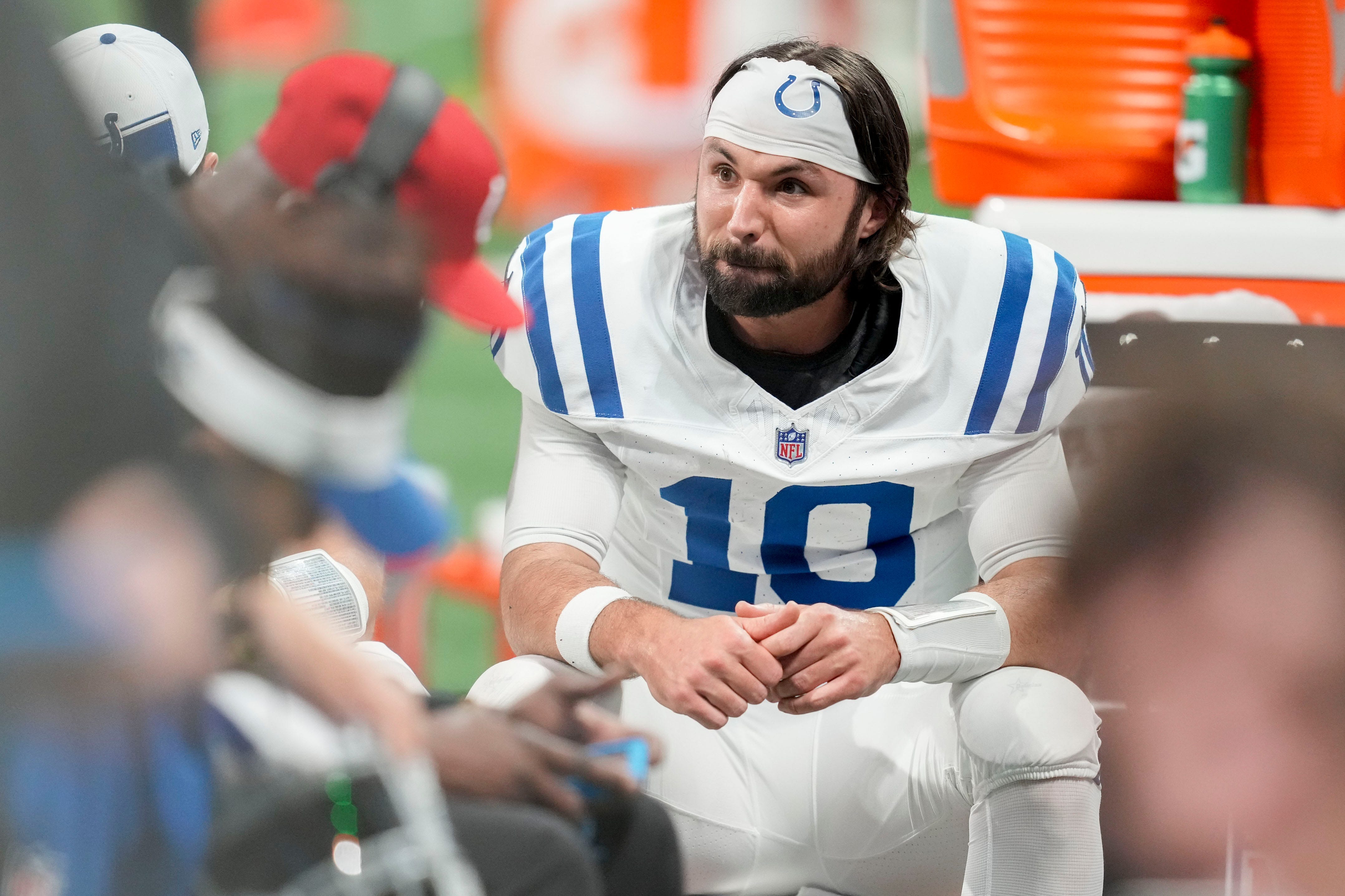 Indianapolis Colts quarterback Gardner Minshew II (10) sits on the bench during the fourth quarter Sunday, Dec. 24, 2023, during a game against the Atlanta Falcons at Mercedes-Benz Stadium in Atlanta.