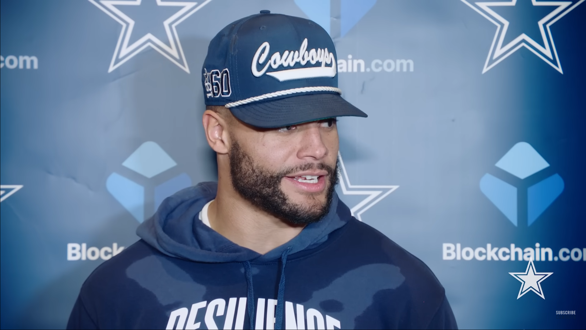 Dallas Cowboys quarterback Dak Prescott talks to reporters ahead of Week 17 vs. Detroit Lions.