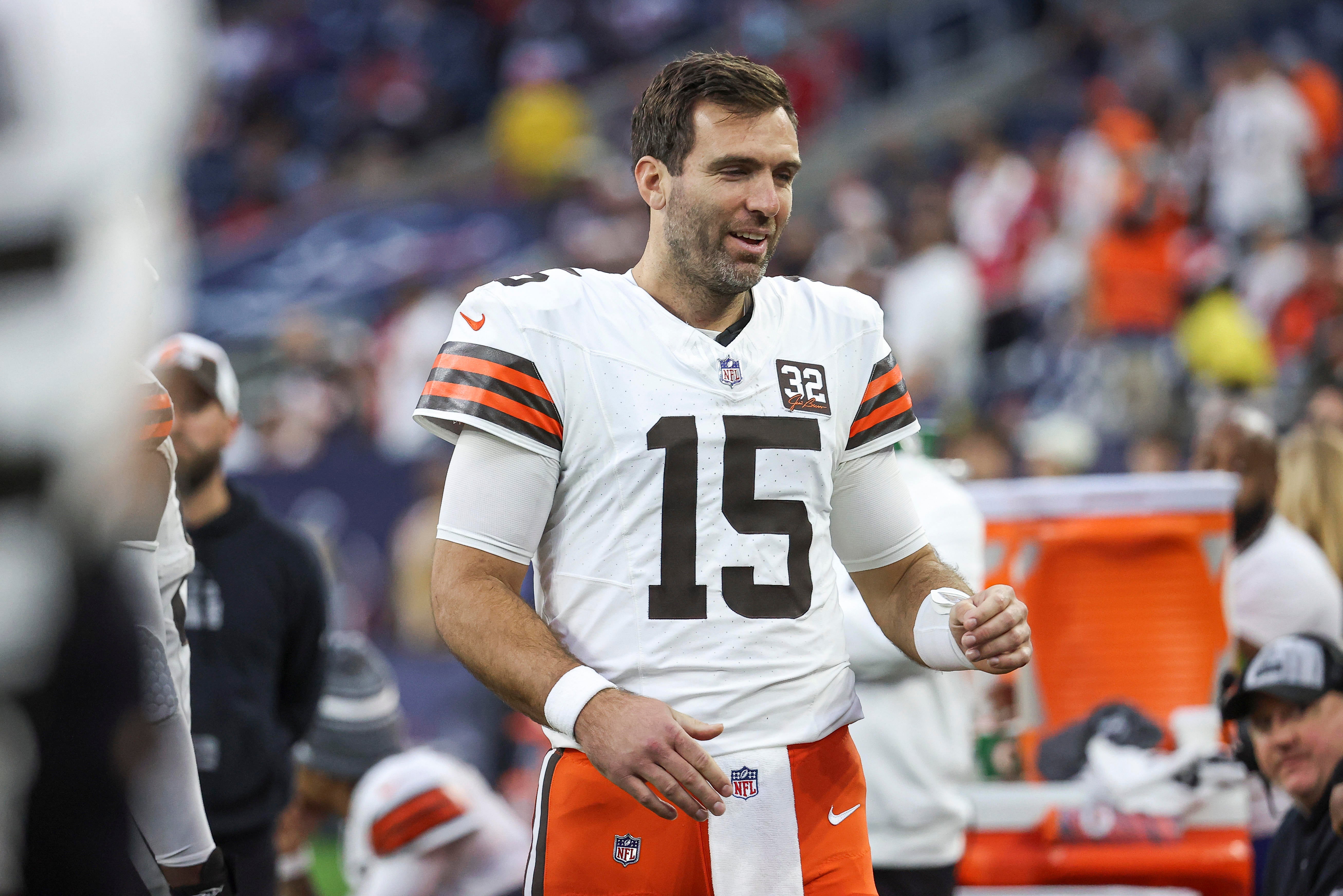 Dec 24, 2023; Houston, Texas, USA; Cleveland Browns quarterback Joe Flacco (15) on the sideline during the game against the Houston Texans at NRG Stadium. Mandatory Credit: Troy Taormina-USA TODAY Sports