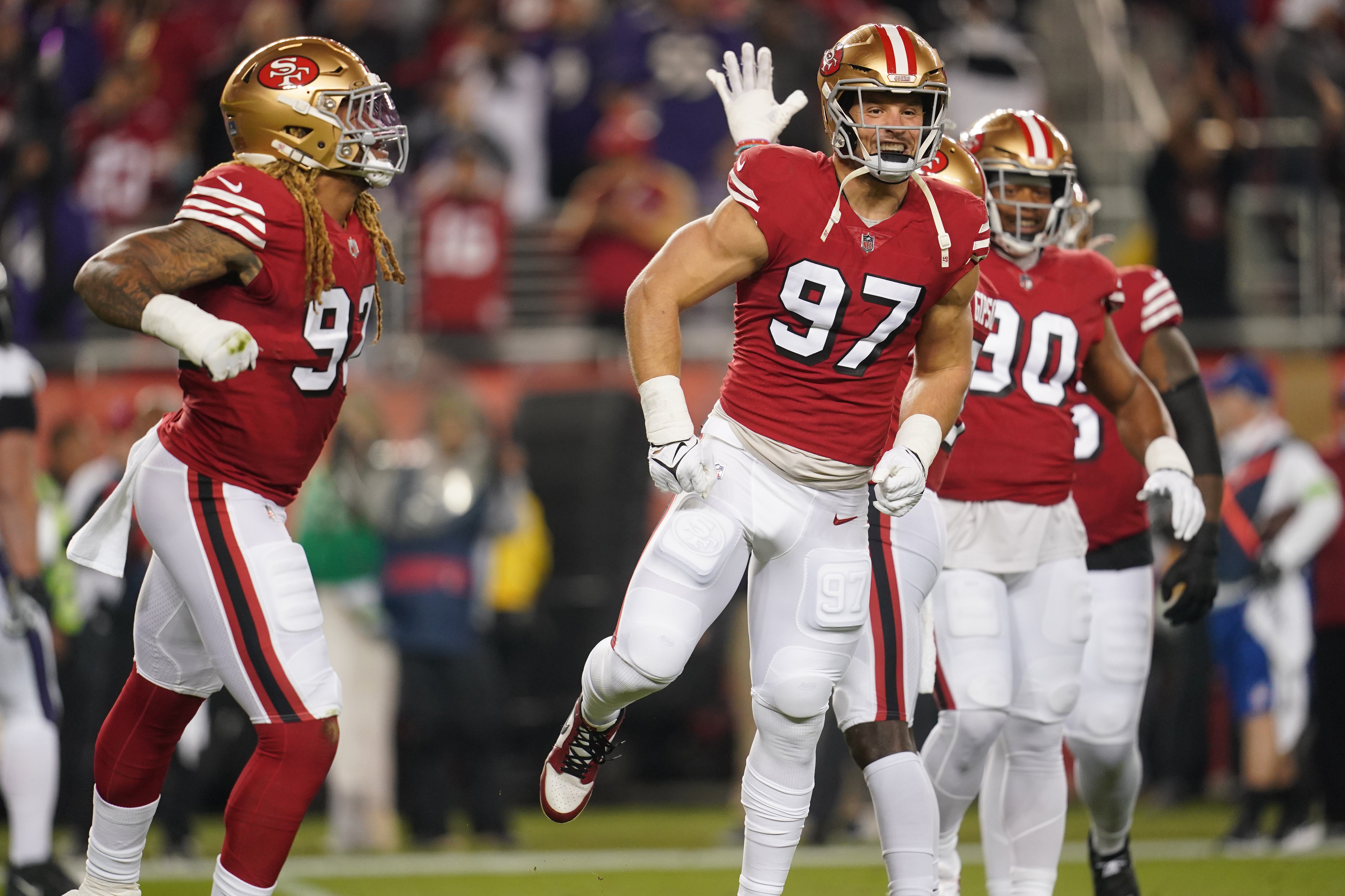 Dec 25, 2023; Santa Clara, California, USA; San Francisco 49ers defensive end Nick Bosa (97) reacts after the 49ers recorded a safety against the Baltimore Ravens in the first quarter at Levi's Stadium.