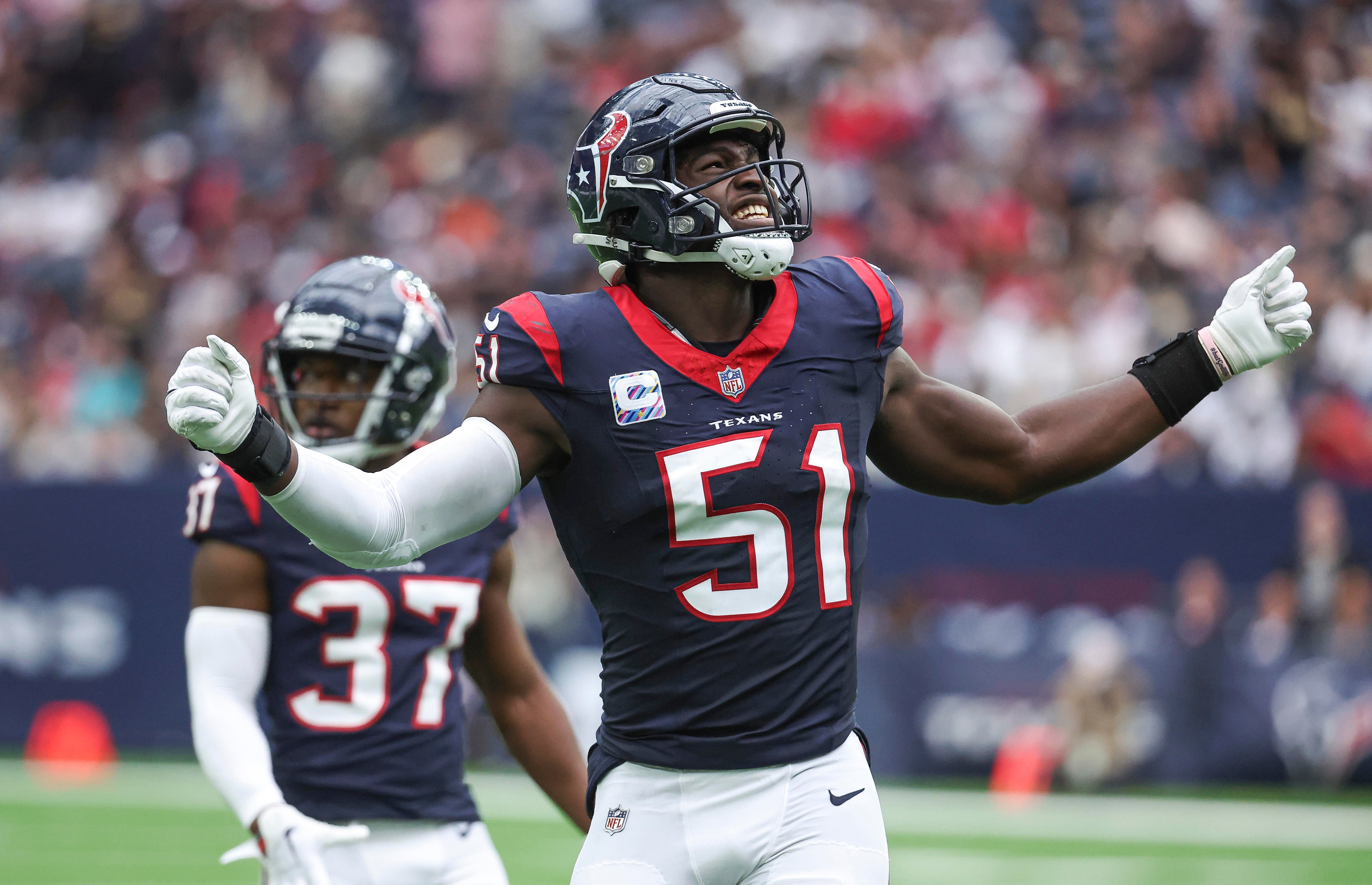 Oct 15, 2023; Houston, Texas, USA; Houston Texans defensive end Will Anderson Jr. (51) reacts after a play during the third quarter against the New Orleans Saints at NRG Stadium.