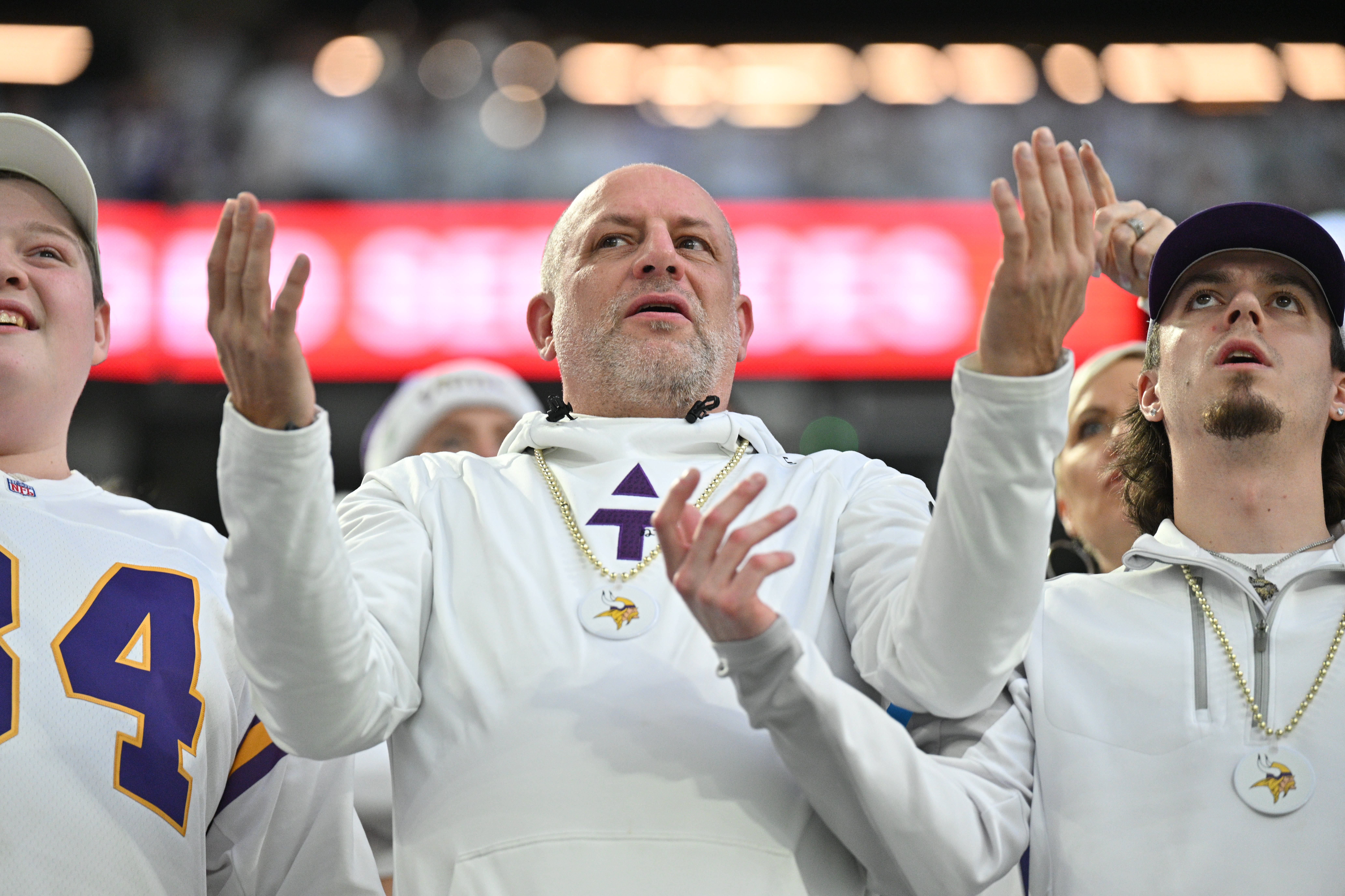 Dec 24, 2023; Minneapolis, Minnesota, USA; Minnesota Vikings fans react during the game against the Detroit Lions at U.S. Bank Stadium. Mandatory Credit: Jeffrey Becker-USA TODAY Sports