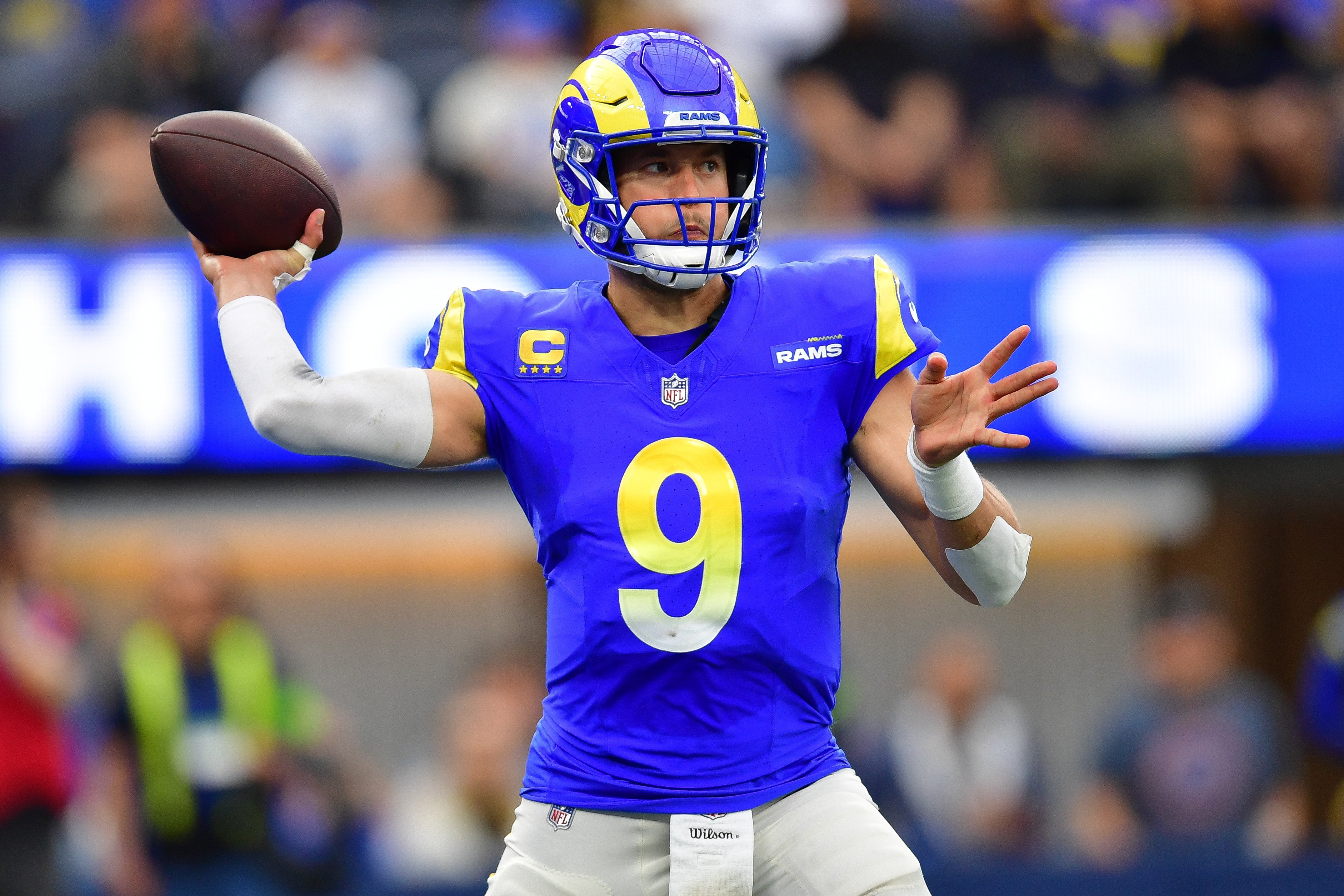 Dec 17, 2023; Inglewood, California, USA; Los Angeles Rams quarterback Matthew Stafford (9) throws against the Washington Commanders during the first half at SoFi Stadium. Mandatory Credit: Gary A. Vasquez-USA TODAY Sports