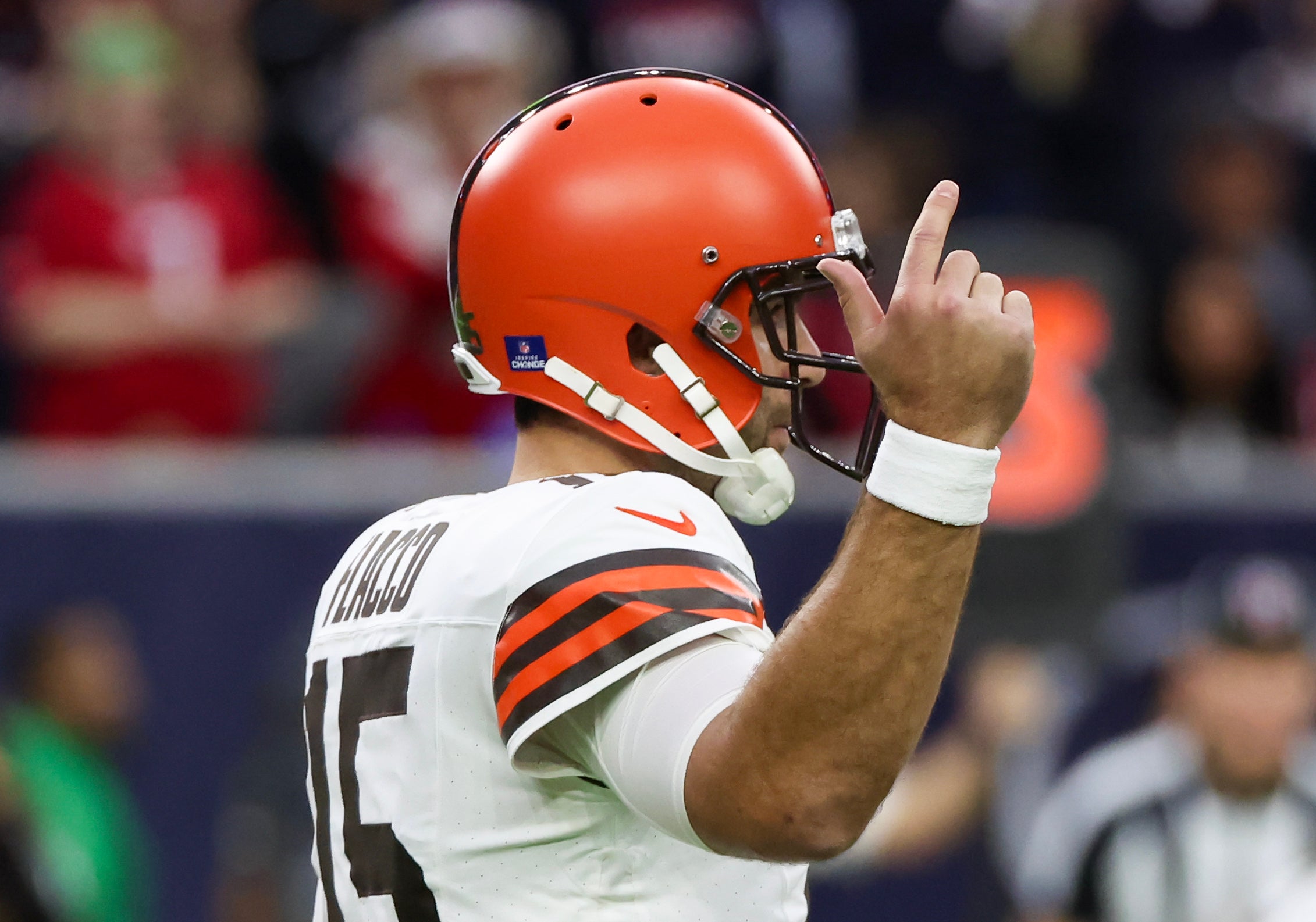 Dec 24, 2023; Houston, Texas, USA; Cleveland Browns quarterback Joe Flacco (15) motions with his finger for his player to start in motion against the Houston Texans in the first quarter at NRG Stadium. Mandatory Credit: Thomas Shea-USA TODAY Sports
