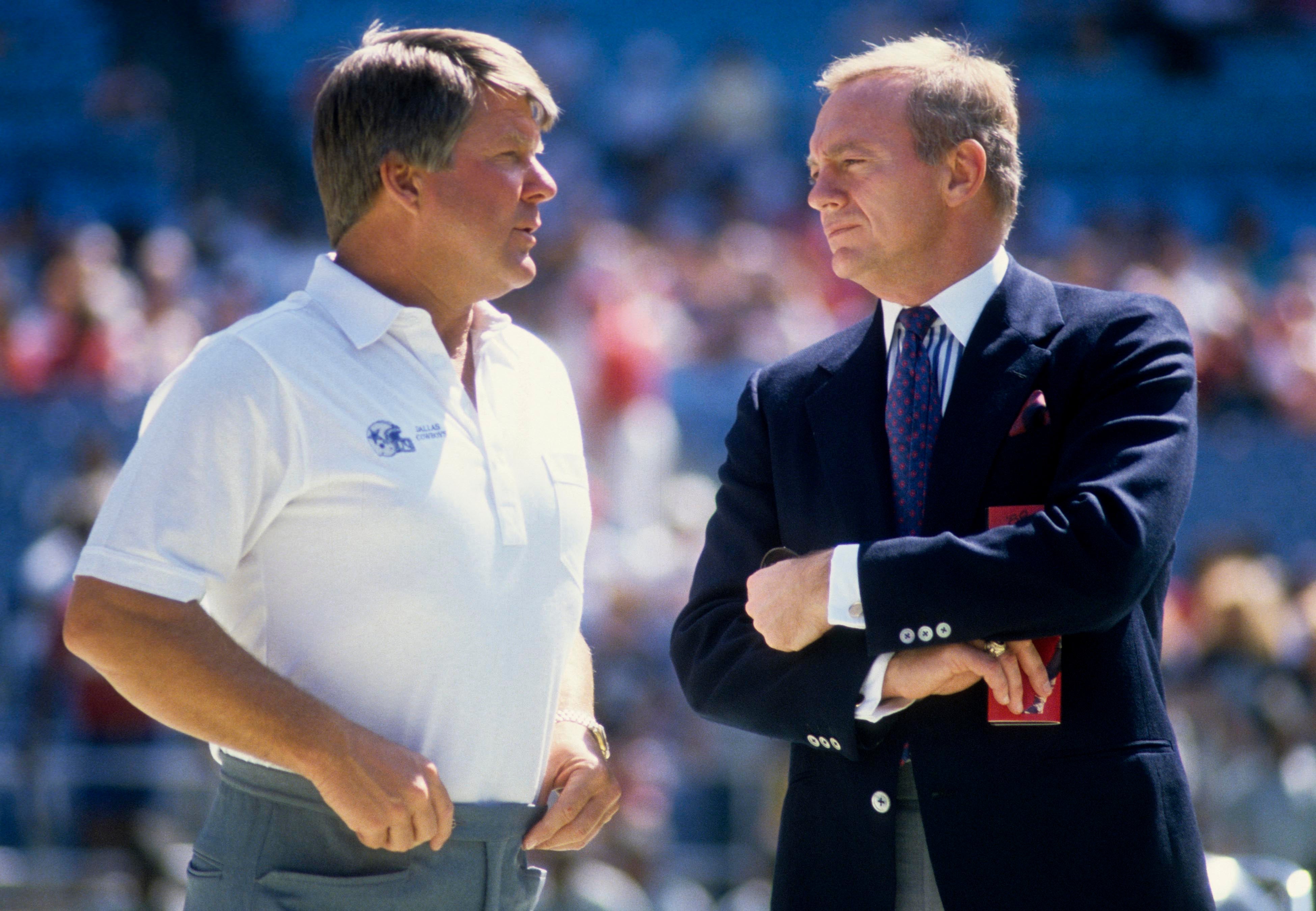 Dallas Cowboys owner Jerry Jones (right) and head coach Jimmy Johnson prior to the game against the Atlanta Falcons at Fulton County Stadium.