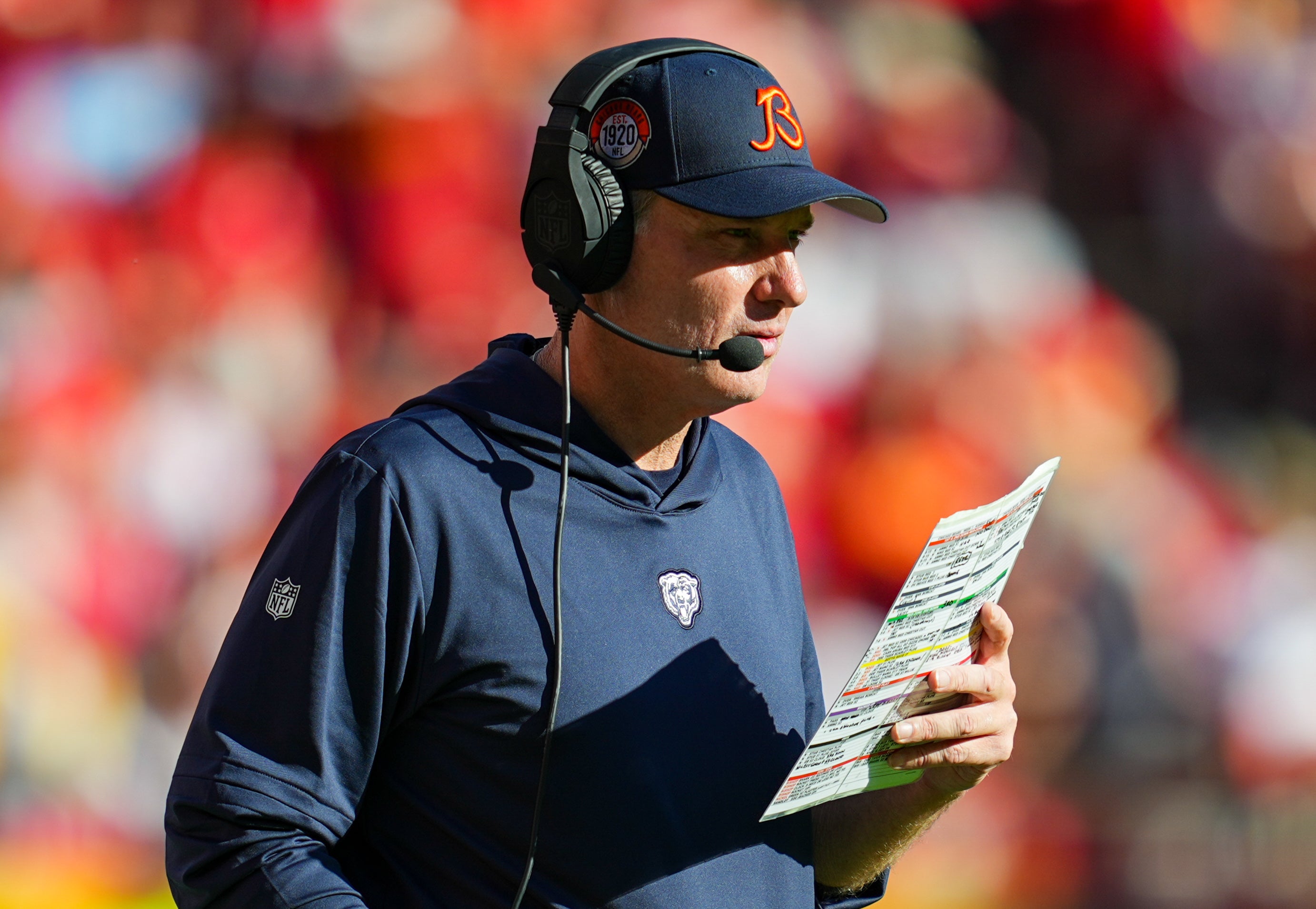 Sep 24, 2023; Kansas City, Missouri, USA; Chicago Bears head coach Matt Eberflus watches from the sideline during the first half against the Kansas City Chiefs at GEHA Field at Arrowhead Stadium.