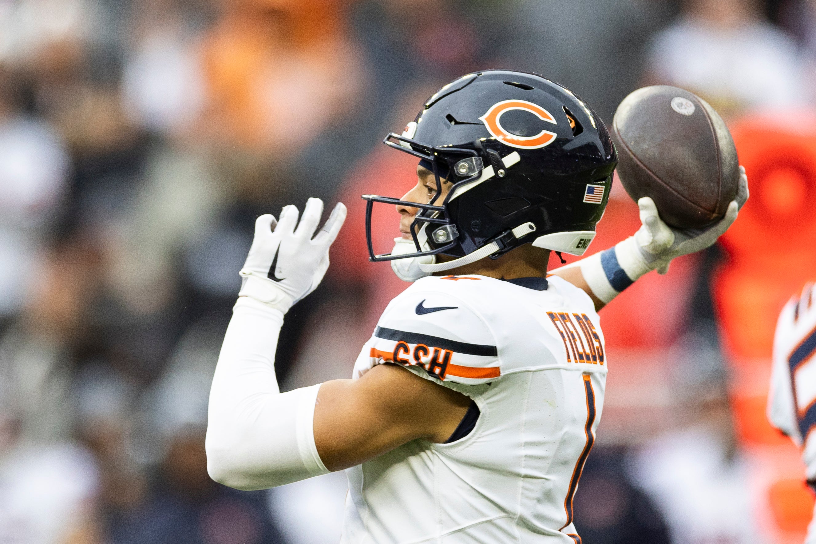 Dec 17, 2023; Cleveland, Ohio, USA; Chicago Bears quarterback Justin Fields (1) throws the ball against the Cleveland Browns during the first quarter at Cleveland Browns Stadium.