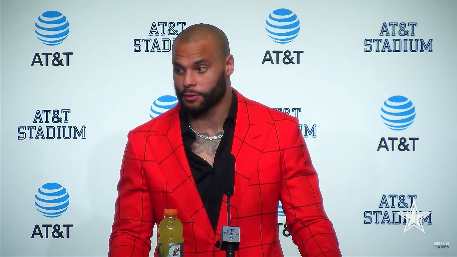 Dallas Cowboys quarterback Dak Prescott talks to reporters following win vs. Detroit Lions.