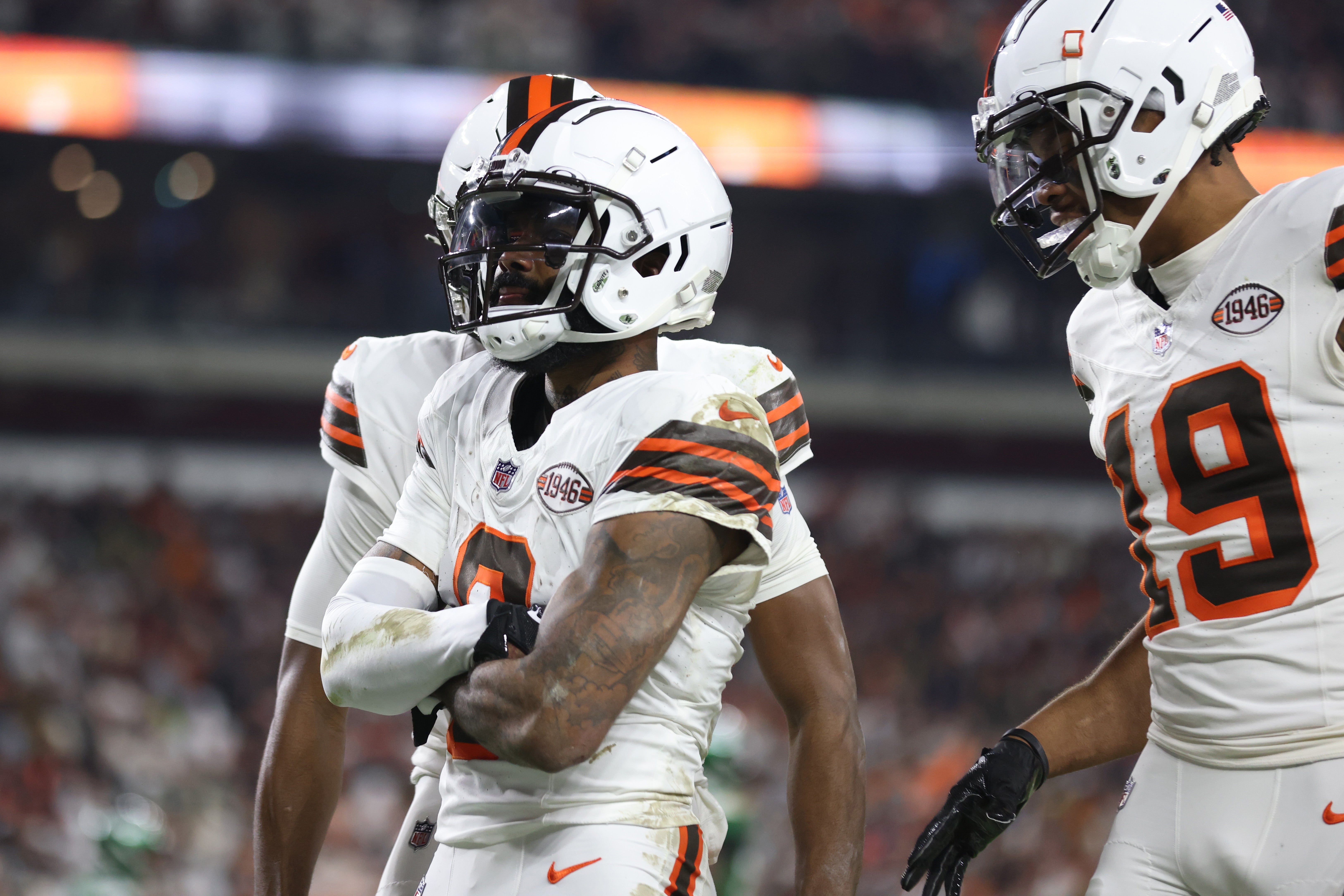 Dec 28, 2023; Cleveland, Ohio, USA; Cleveland Browns wide receiver Elijah Moore (8) celebrates after a touchdown during the first half against the New York Jets at Cleveland Browns Stadium. Mandatory Credit: Scott Galvin-USA TODAY Sports