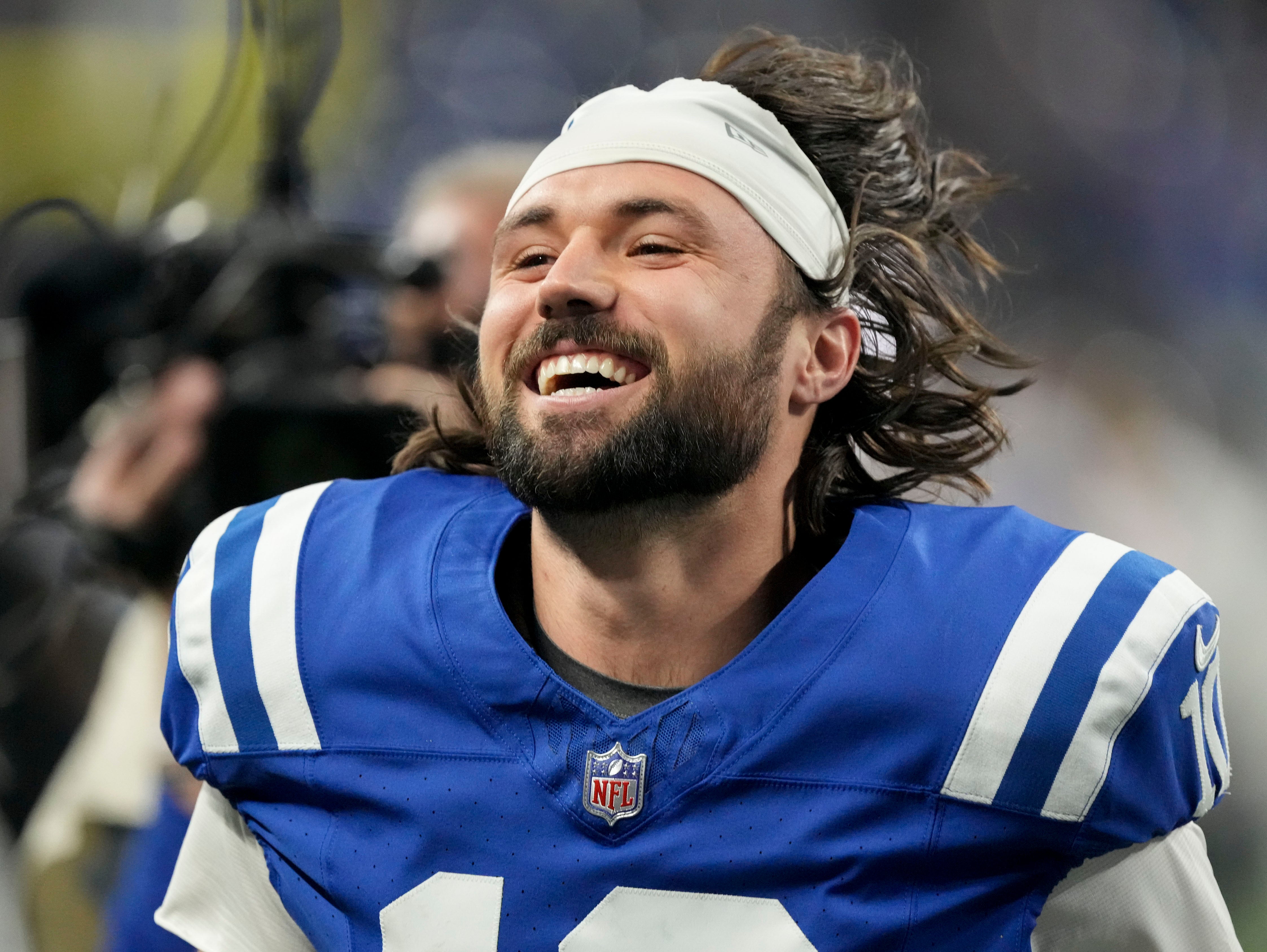 Dec 31, 2023; Indianapolis, Indiana, USA; Indianapolis Colts quarterback Gardner Minshew II (10) smiles as he leaves the field after beating the Las Vegas Raiders at Lucas Oil Stadium.