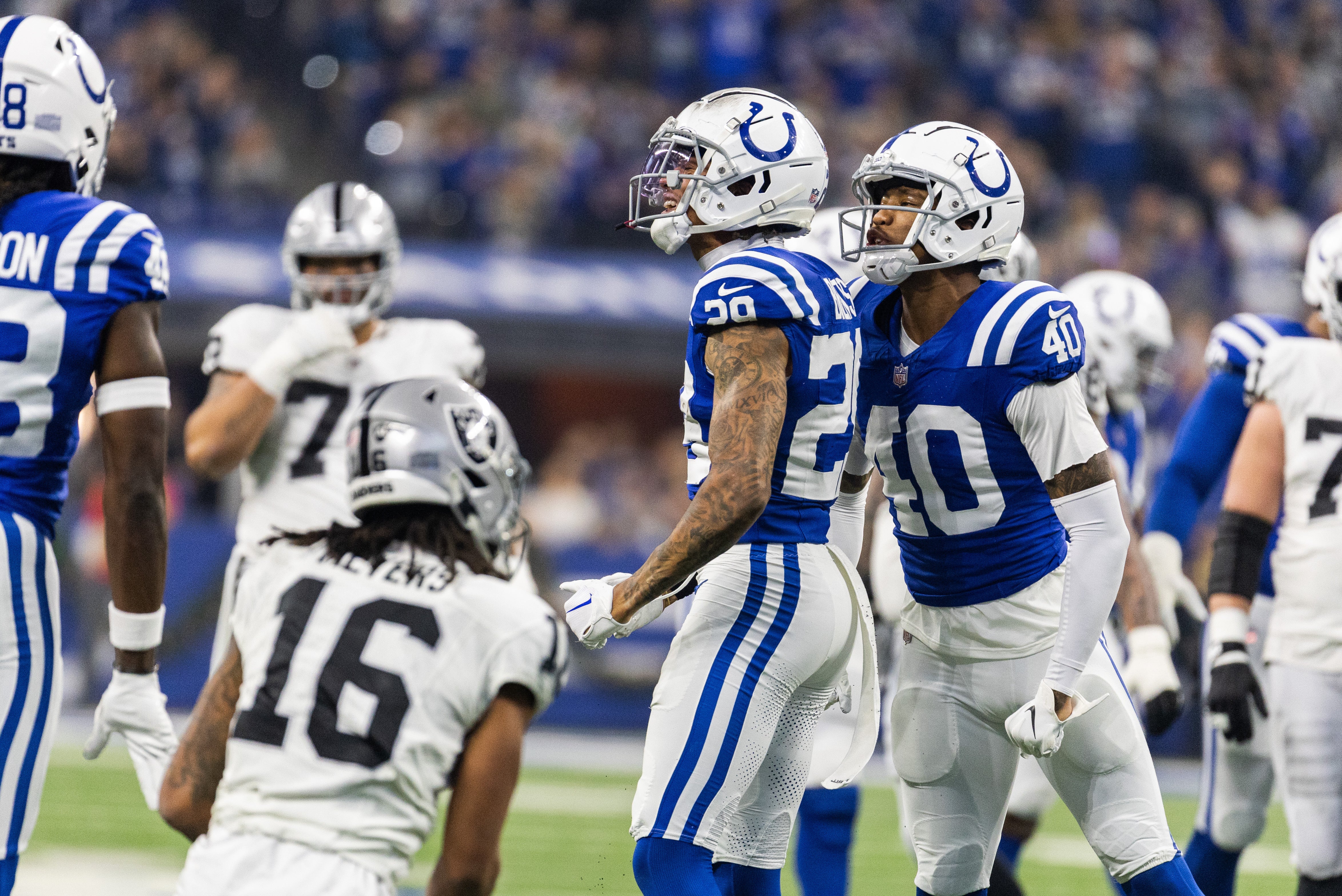 Dec 31, 2023; Indianapolis, Indiana, USA; Indianapolis Colts cornerback JuJu Brents (29) celebrates his pass break up in the first quarter against the Las Vegas Raiders at Lucas Oil Stadium.
