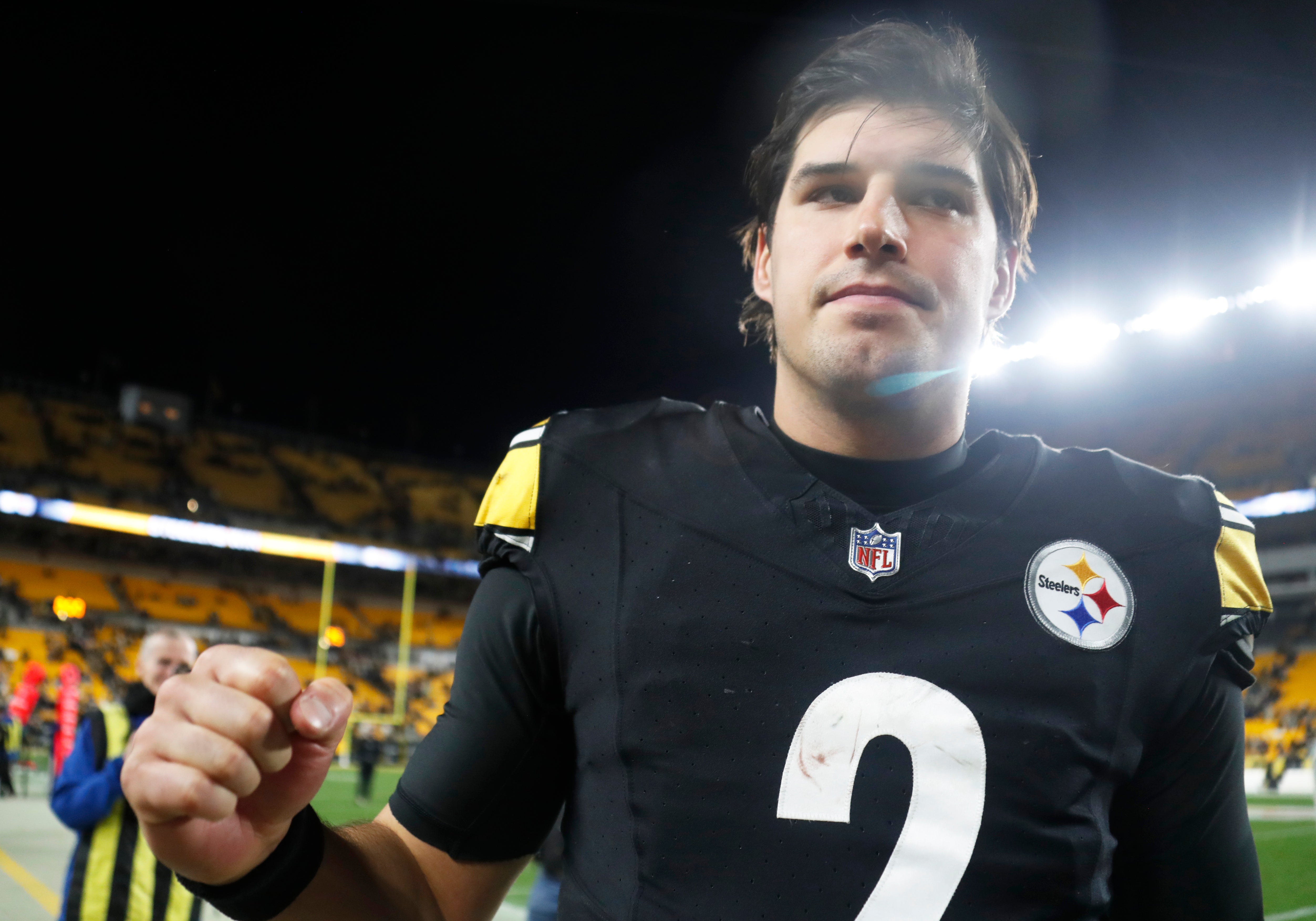 Dec 23, 2023; Pittsburgh, Pennsylvania, USA; Pittsburgh Steelers quarterback Mason Rudolph (2) reacts as he leaves the field after defeating the Cincinnati Bengals at Acrisure Stadium. Pittsburgh won 34-11. Mandatory Credit: Charles LeClaire-USA TODAY Sports
