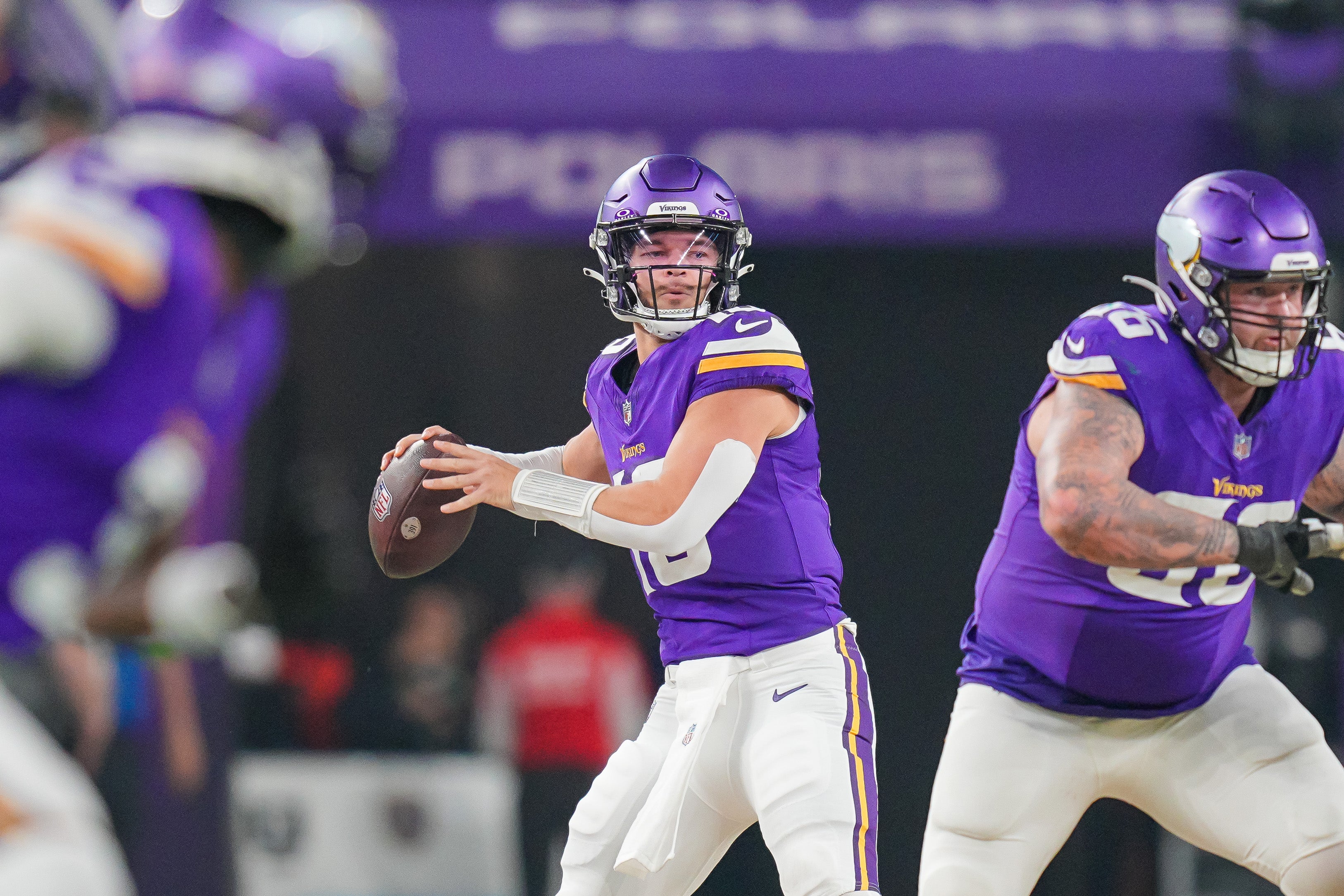 Dec 31, 2023; Minneapolis, Minnesota, USA; Minnesota Vikings quarterback Jaren Hall (16) passes against the Green Bay Packers in the second quarter at U.S. Bank Stadium. Mandatory Credit: Brad Rempel-USA TODAY Sports
