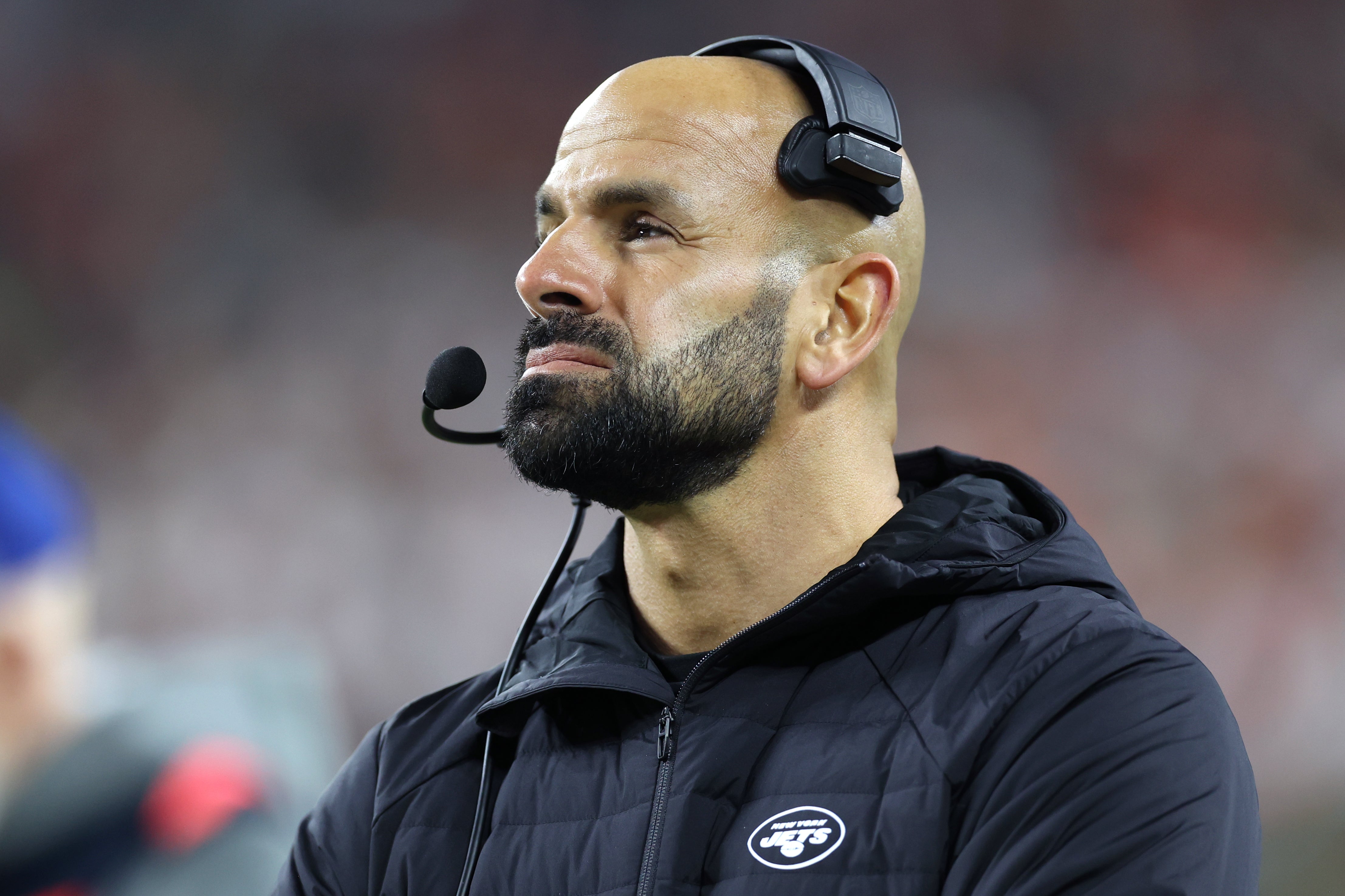New York Jets head coach Robert Saleh looks on during the second half against the Cleveland Browns at Cleveland Browns Stadium.