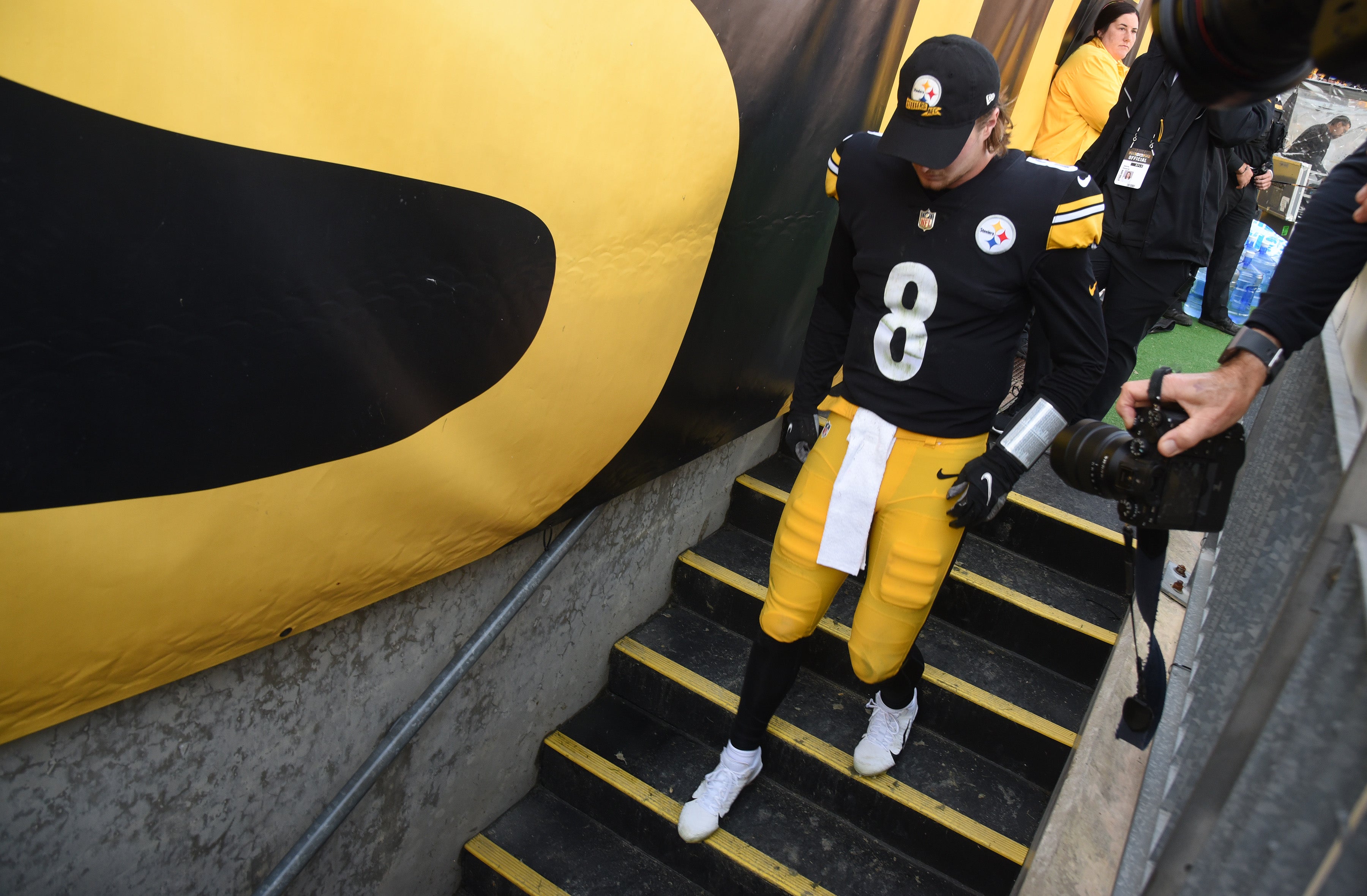 Oct 2, 2022; Pittsburgh, Pennsylvania, USA; Pittsburgh Steelers quarterback Kenny Pickett (8) leaves the field following a 24-20 loss to the New York Jets at Acrisure Stadium. Mandatory Credit: Philip G. Pavely-USA TODAY Sports  