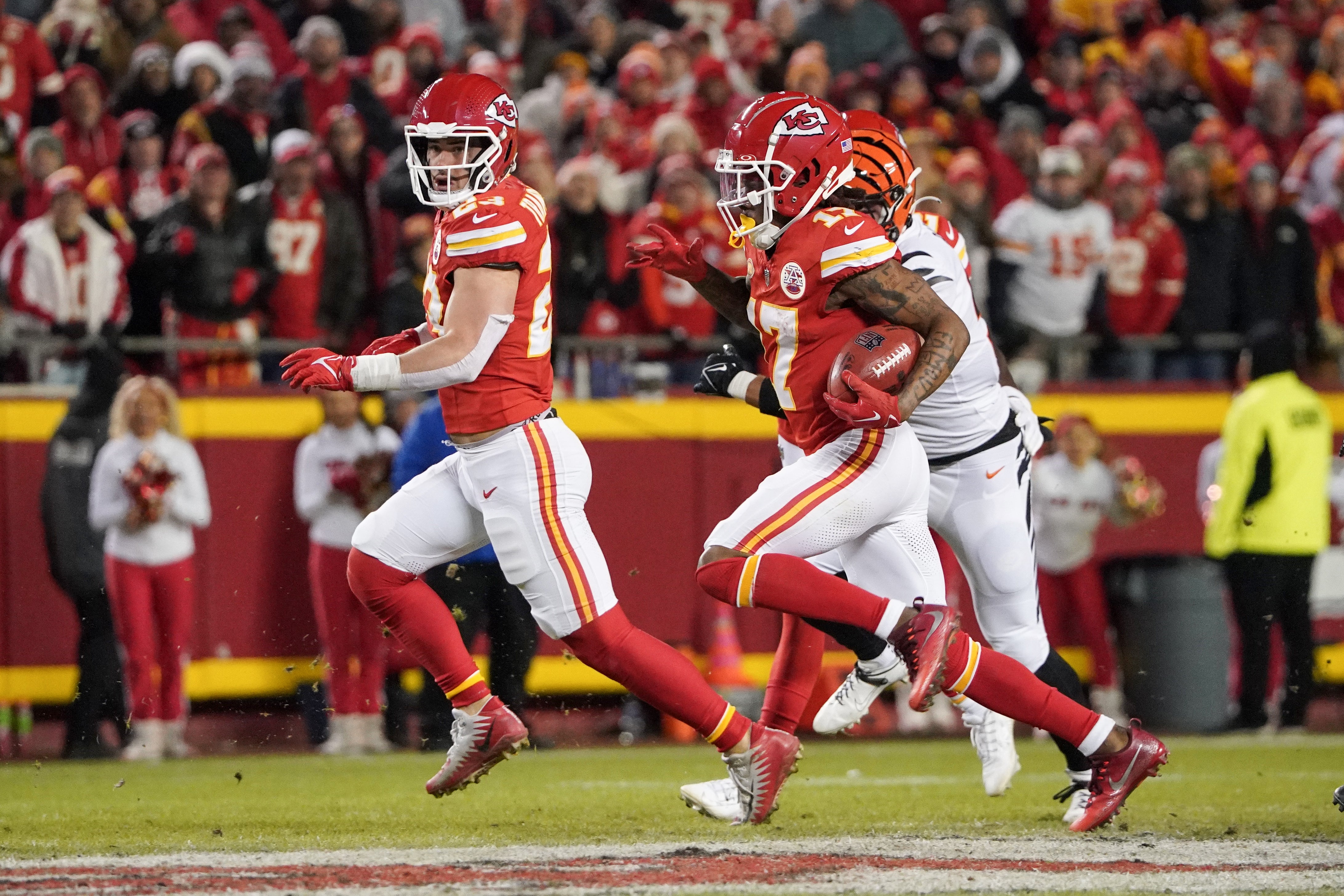 Kansas City Chiefs wide receiver and returner Richie James returning a punt against the Cincinnati Bengals