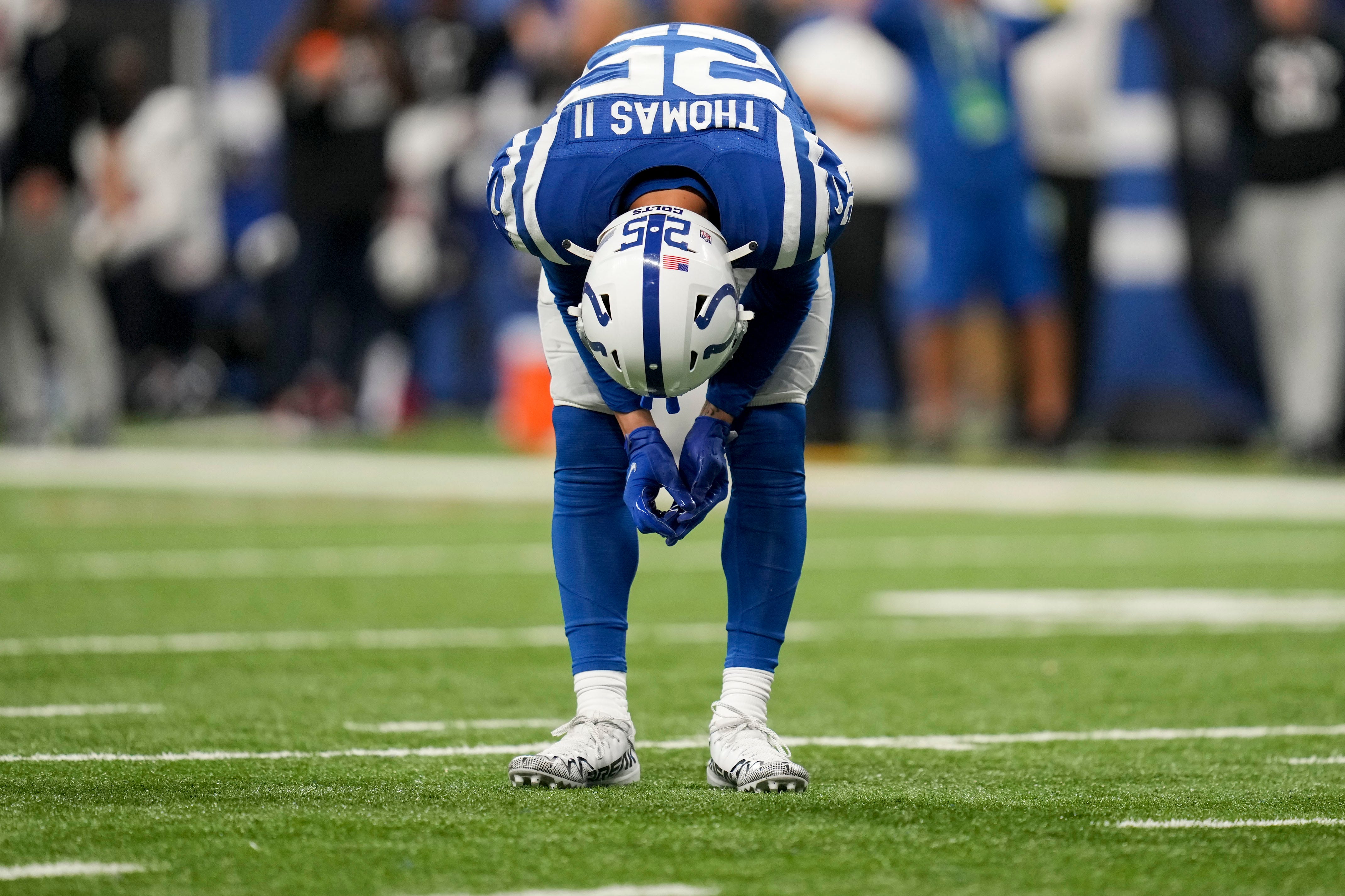 Indianapolis Colts safety Rodney Thomas II (25) reacts on the field after a late touchdown by the Houston Texans on Sunday, Jan. 8, 2023, during a game at Lucas Oil Stadium in Indianapolis.