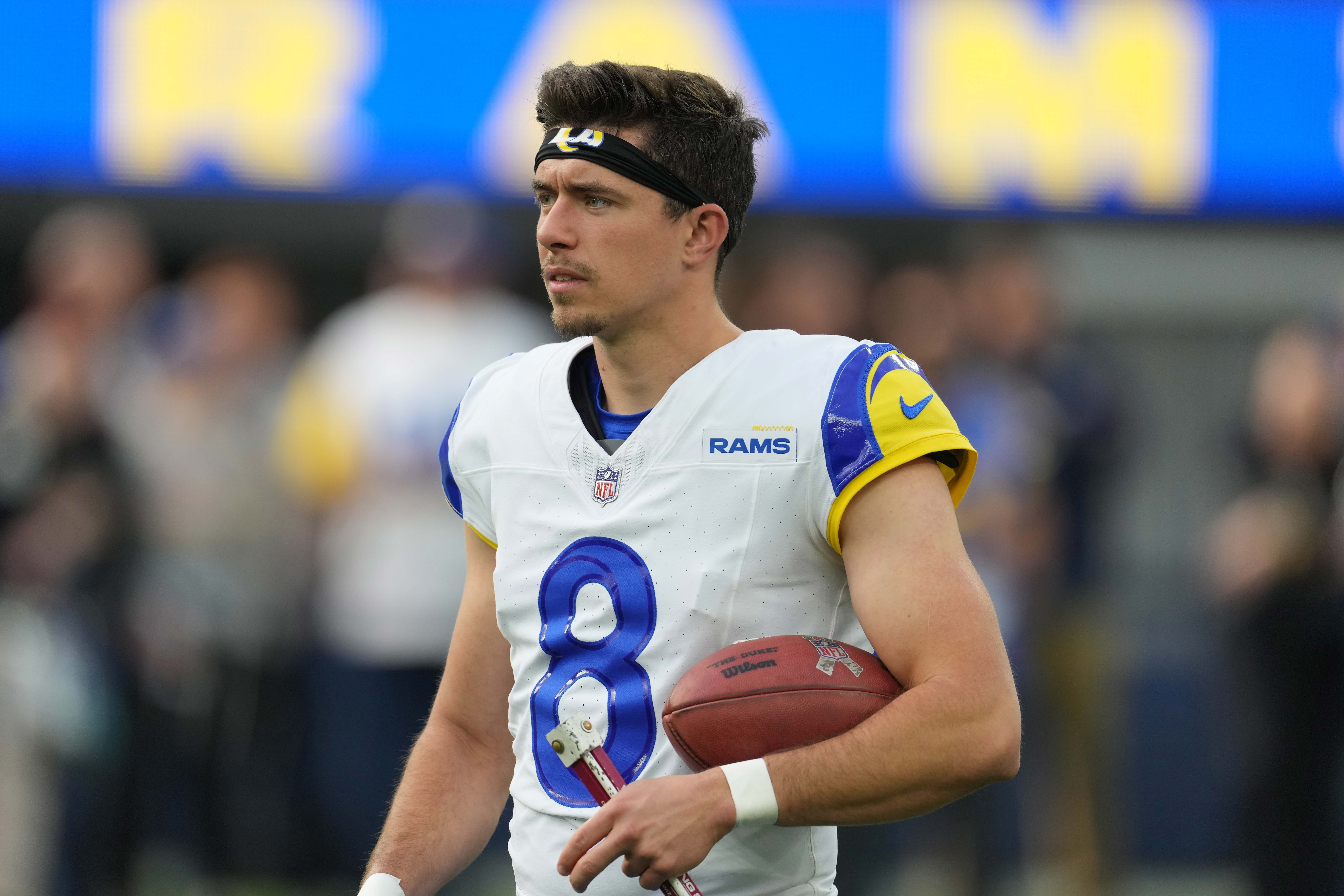 Dec 3, 2023; Inglewood, California, USA; Los Angeles Rams place kicker Lucas Havrisik (8) reacts during the game against the Cleveland Browns at SoFi Stadium. Mandatory Credit: Kirby Lee-USA TODAY Sports