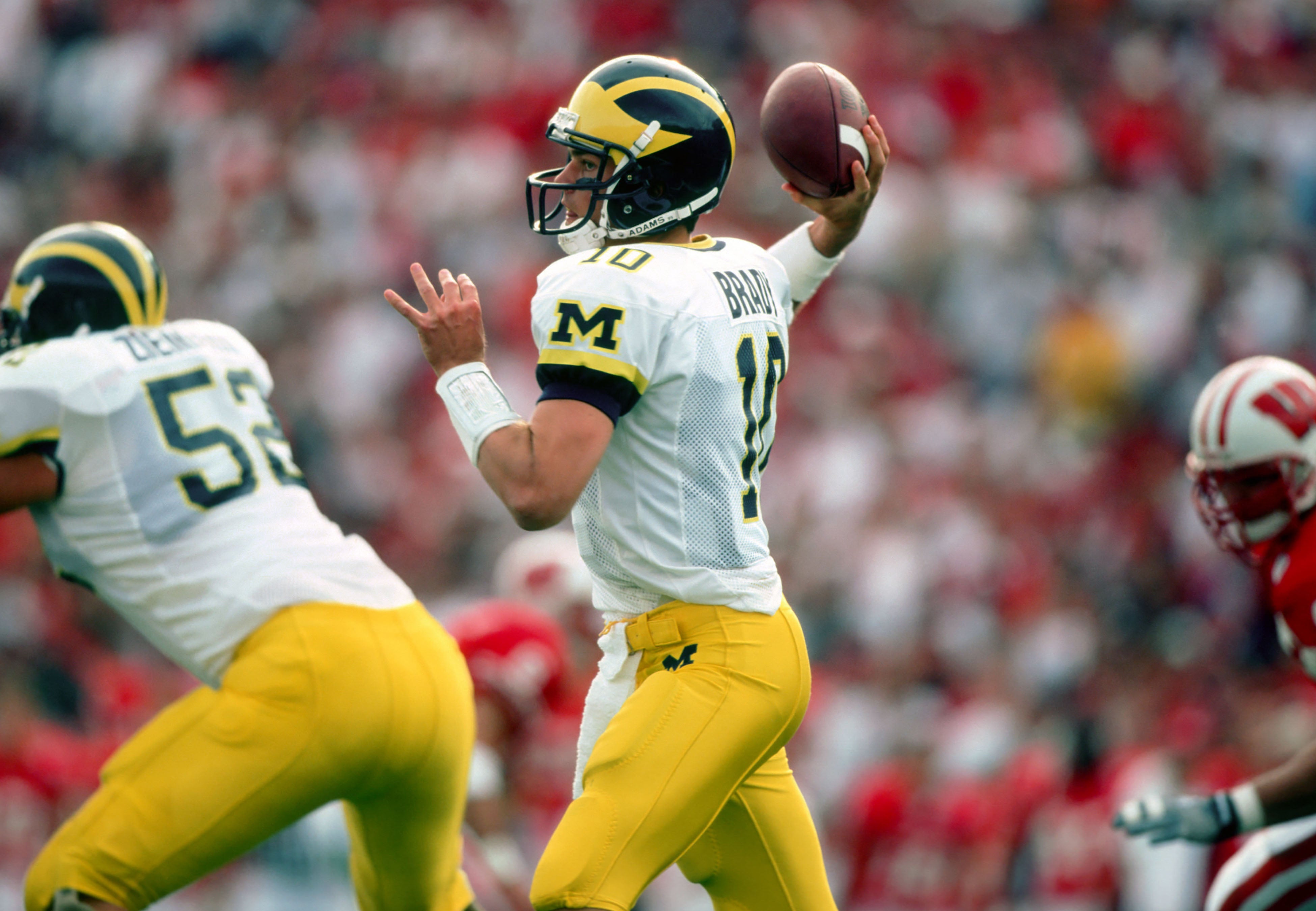 Michigan Wolverines quarterback Tom Brady in action against the Wisconsin Badgers at Camp Randall Stadium. Michigan defeated Wisconsin 21-16.
