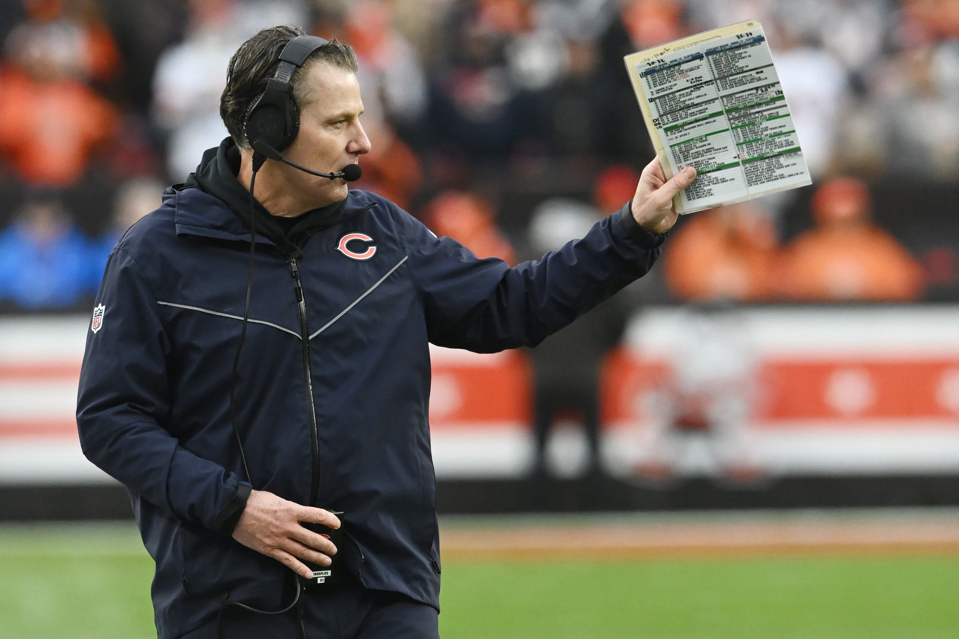 Dec 17, 2023; Cleveland, Ohio, USA; Chicago Bears head coach Matt Eberflus reacts during the first half against the Cleveland Browns at Cleveland Browns Stadium.