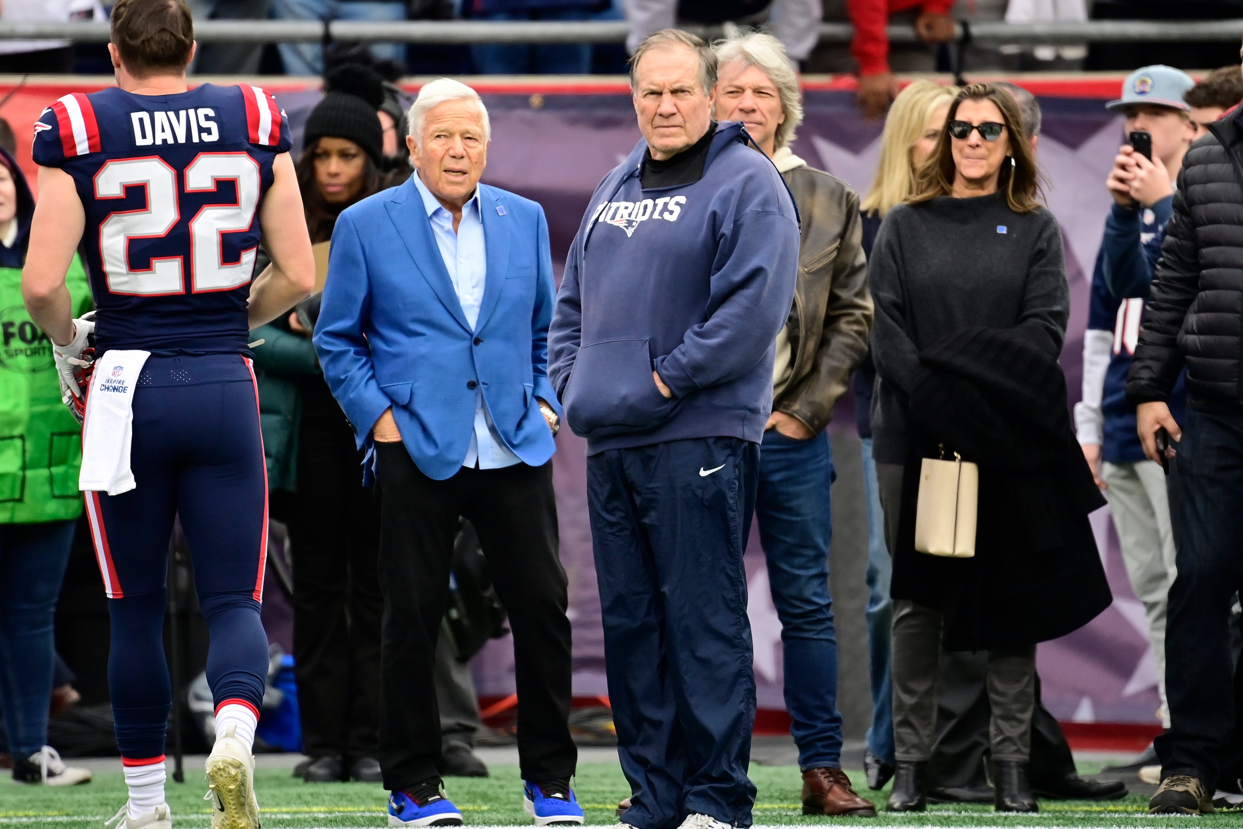 New England Patriots head coach Bill Belichick and Patriots owner Robert Kraft watch the field during the warm-up period before a game against the Kansas City Chiefs at Gillette Stadium