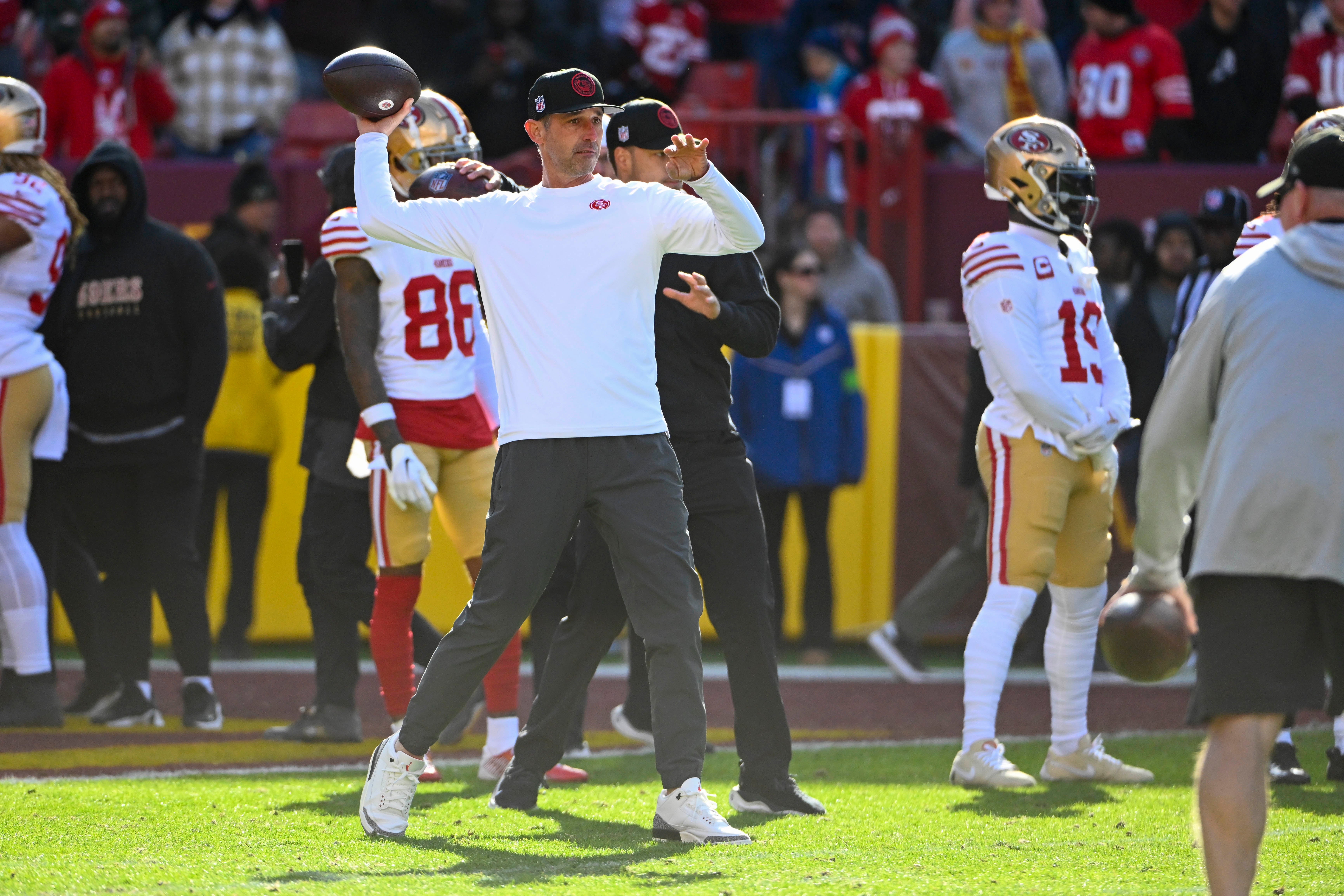 Dec 31, 2023; Landover, Maryland, USA; San Francisco 49ers head coach Kyle Shanahan on the field before the game against the Washington Commanders at FedExField.