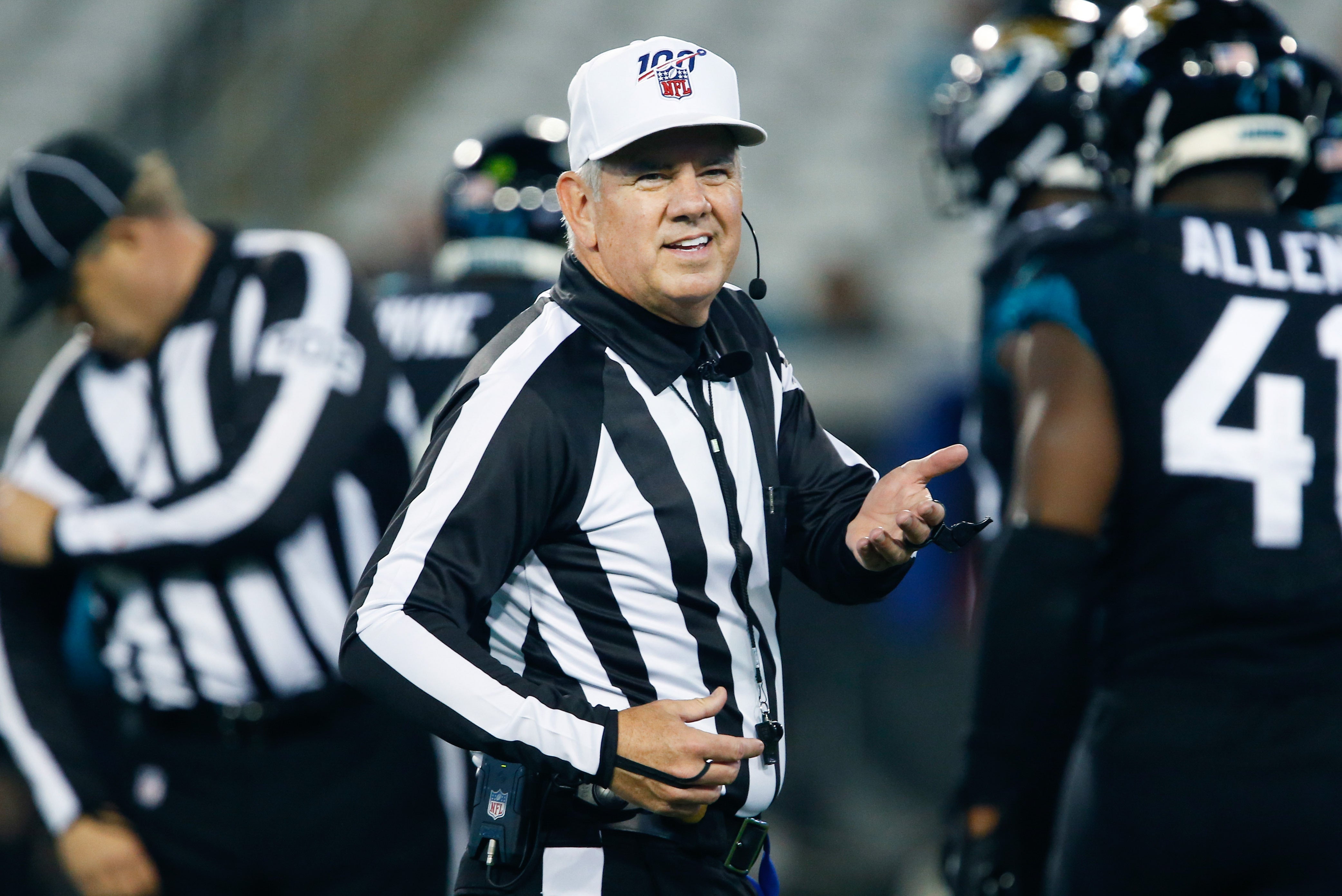 Dec 8, 2019; Jacksonville, FL, USA; NFL referee Bill Vinovich (52) asks for the ball during the second half between the Jacksonville Jaguars and the Los Angeles Chargers at TIAA Bank Field.