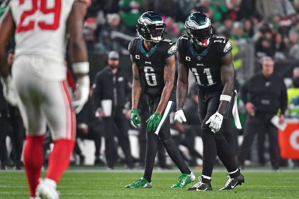 Philadelphia Eagles wide receiver DeVonta Smith (6) and wide receiver A.J. Brown (11) against the New York Giants at Lincoln Financial Field.