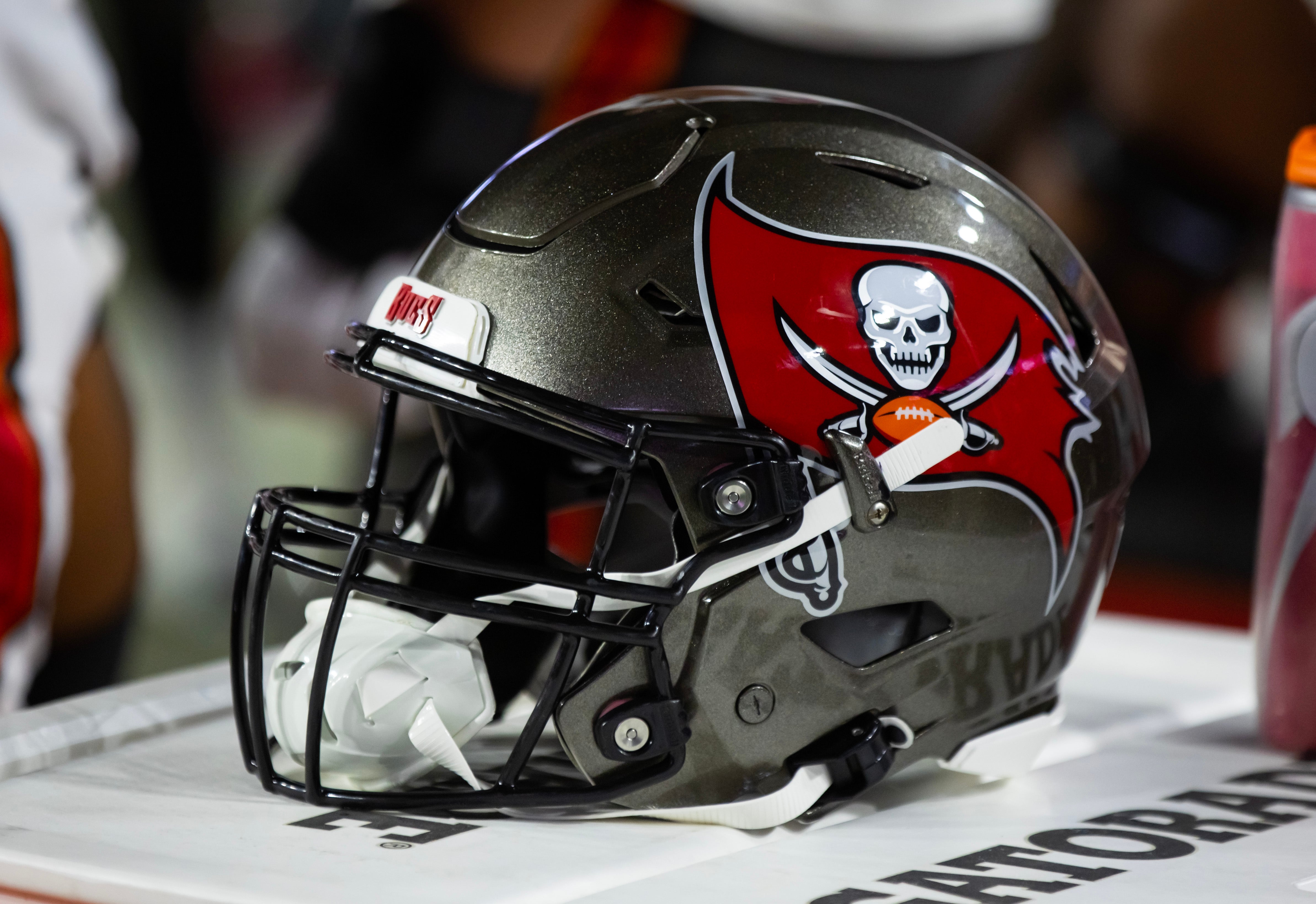 Dec 25, 2022; Glendale, Arizona, USA; Detailed view of a Tampa Bay Buccaneers helmet at State Farm Stadium. Mandatory Credit: Mark J. Rebilas-USA TODAY Sports