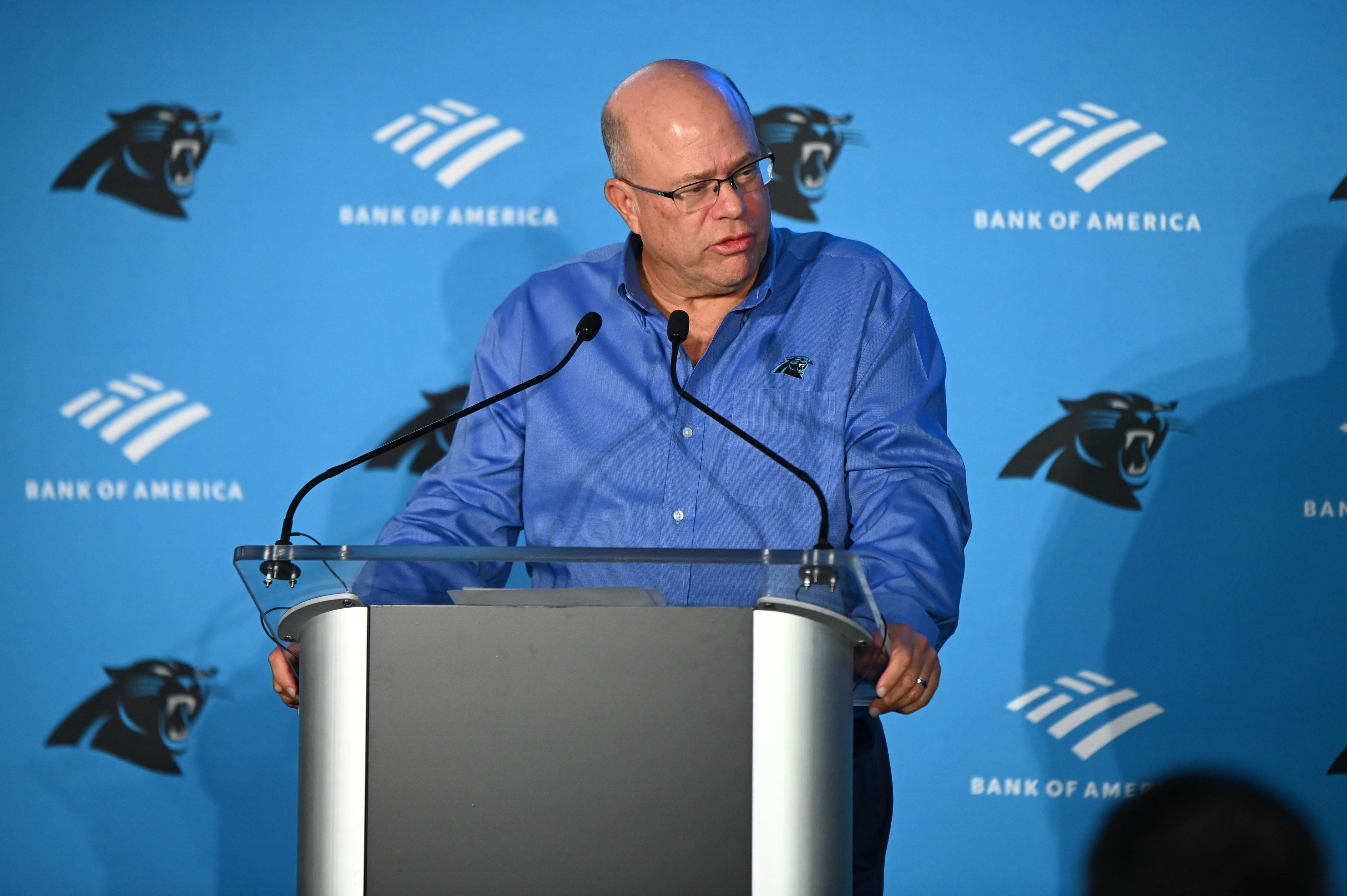 Jan 31, 2023; Charlotte, NC, USA; Carolina Panthers owner David Tepper speaks at a press conference introducing head coach Frank Reich (not pictured) at Bank of America Stadium. Mandatory Credit: Griffin Zetterberg-USA TODAY Sports