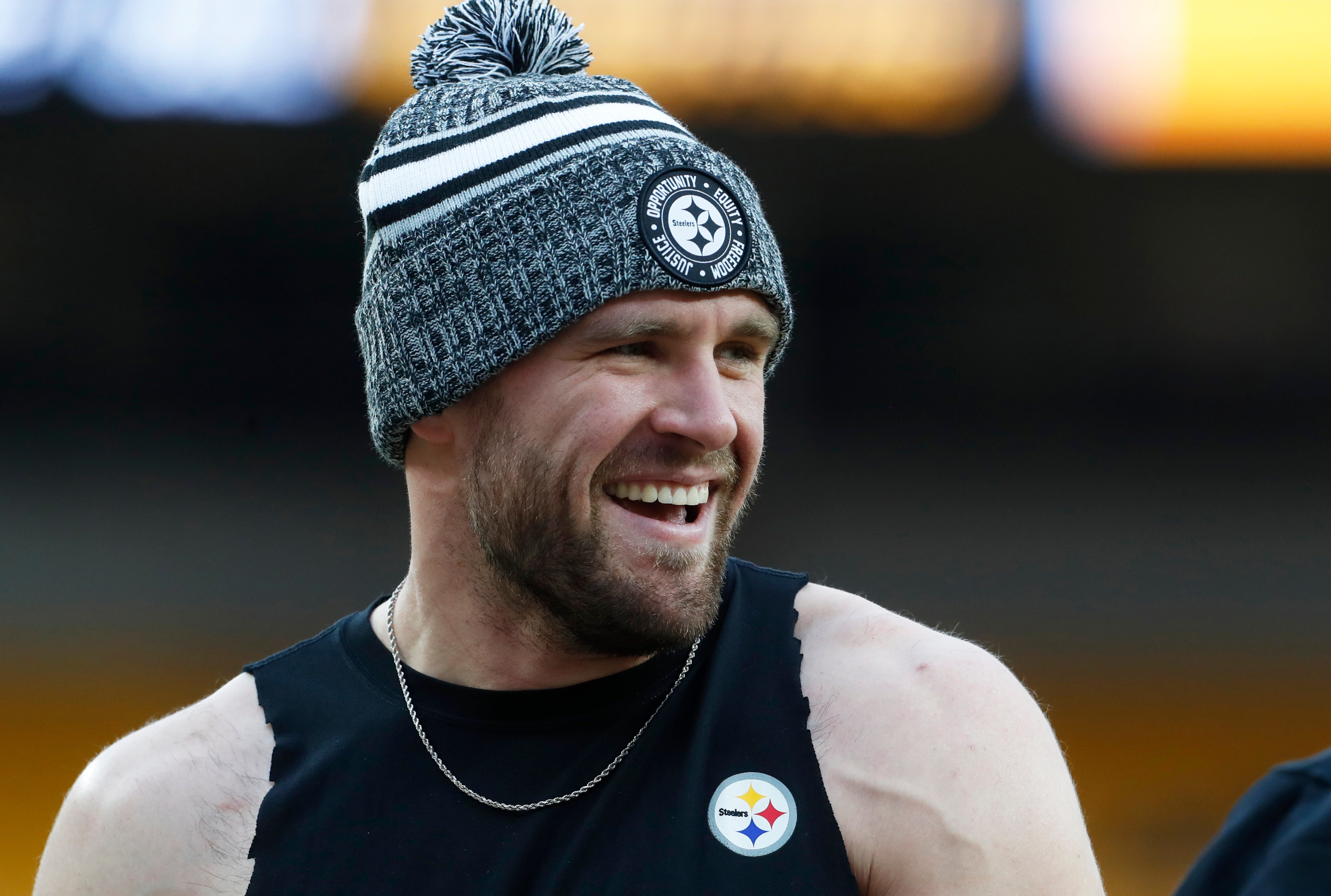 Dec 23, 2023; Pittsburgh, Pennsylvania, USA; Pittsburgh Steelers linebacker T.J. Watt (90) smiles during warm ups before the game against the Cincinnati Bengals at Acrisure Stadium. Mandatory Credit: Charles LeClaire-USA TODAY Sports  
