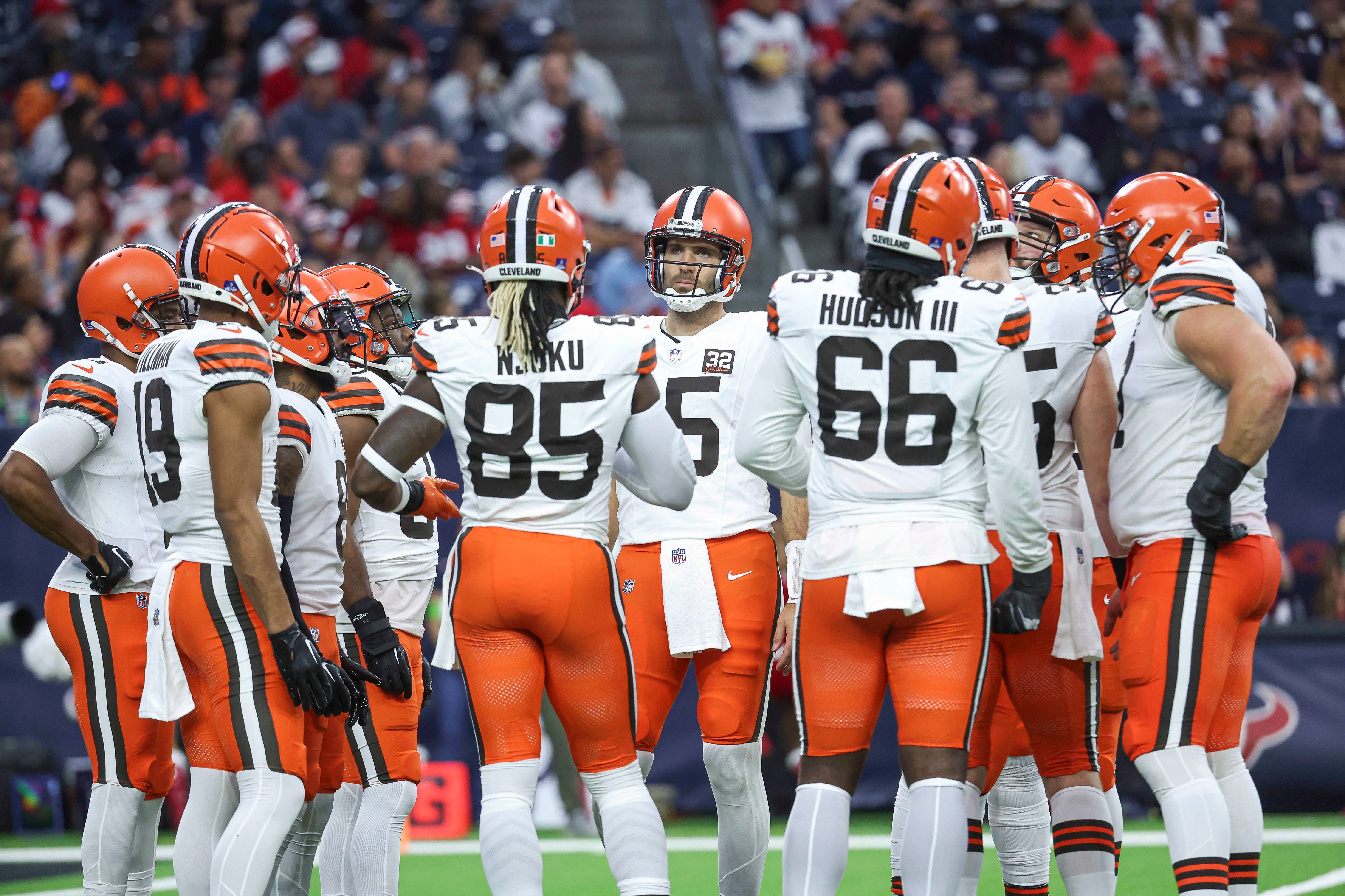 Dec 24, 2023; Houston, Texas, USA; Cleveland Browns quarterback Joe Flacco (15) in the huddle during the second quarter against the Houston Texans at NRG Stadium. Mandatory Credit: Troy Taormina-USA TODAY Sports