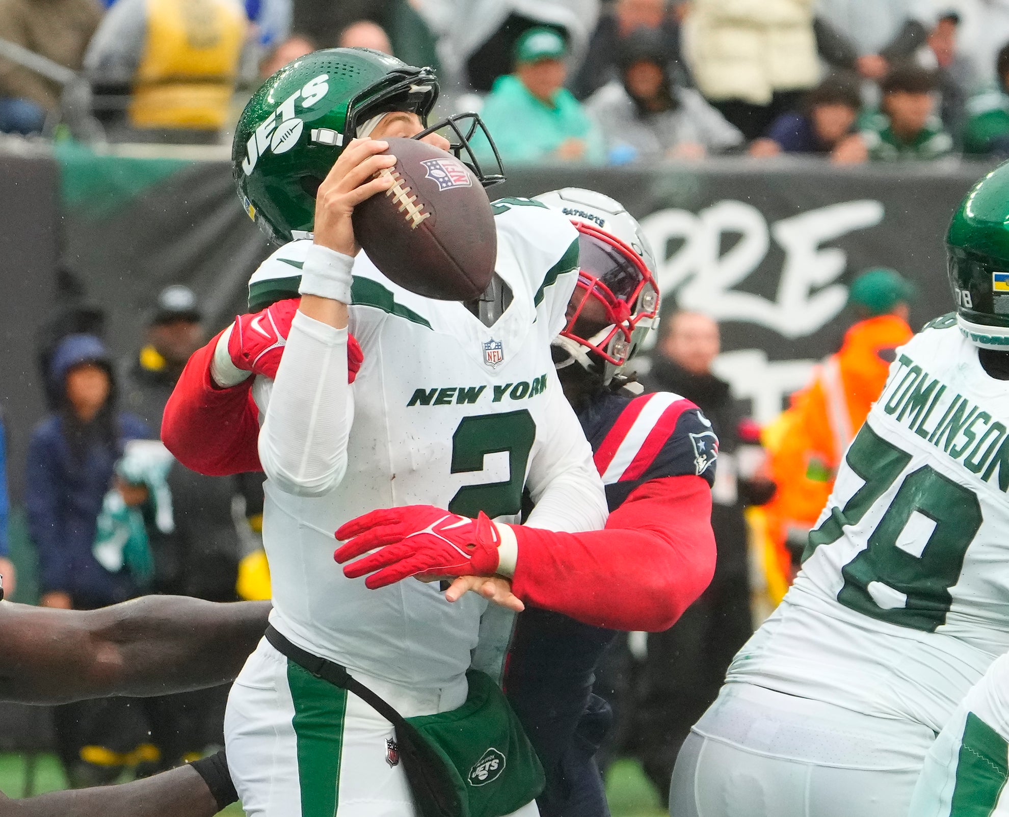 New York Jets quarterback Zach Wilson is sacked for a safety by New England Patriots linebacker Matthew Judon in the 4th quarter at MetLife Stadium.