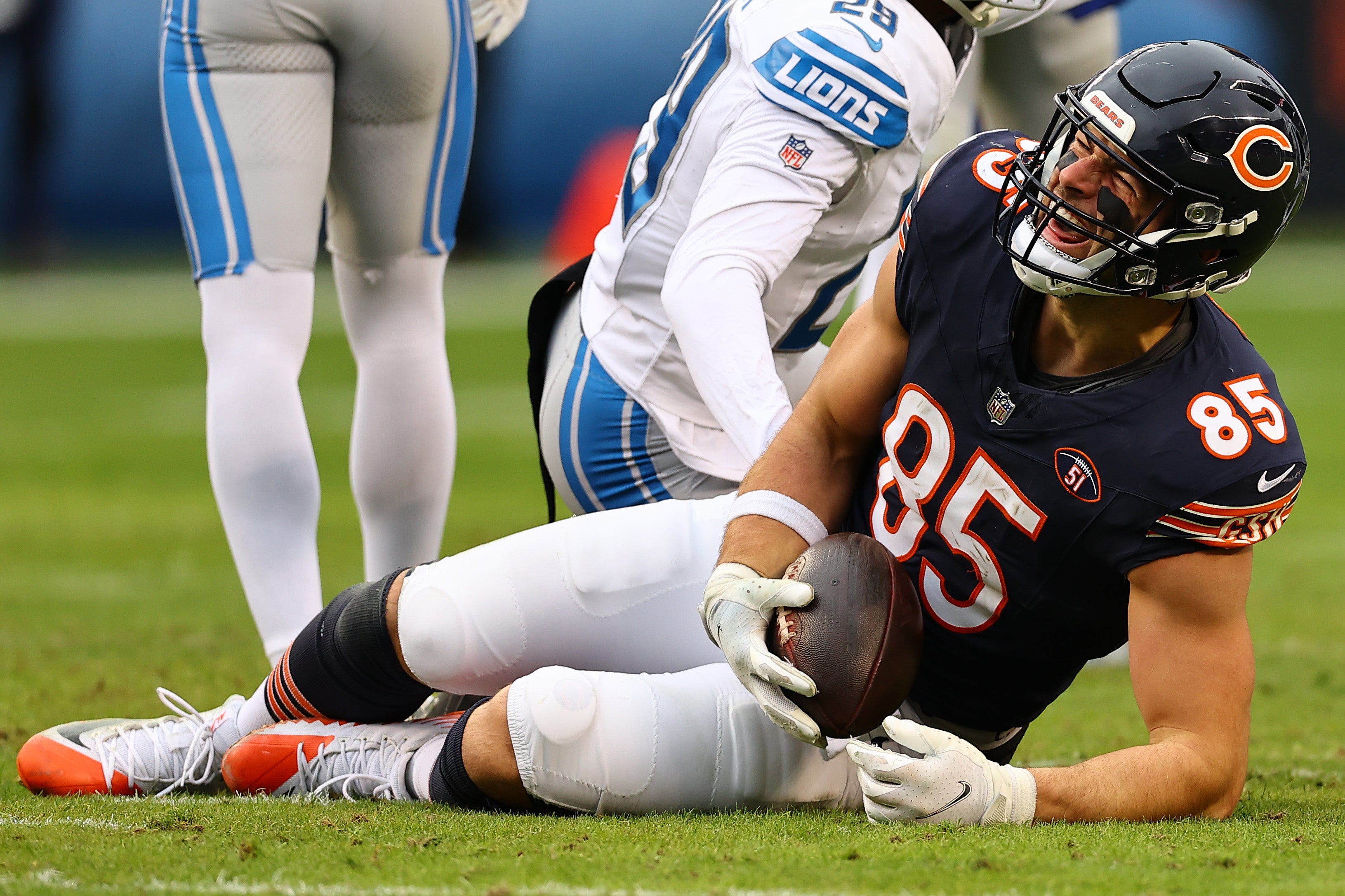 Dec 10, 2023; Chicago, Illinois, USA; Chicago Bears tight end Cole Kmet (85) reacts after making a catch against the Detroit Lions during the second half at Soldier Field.
