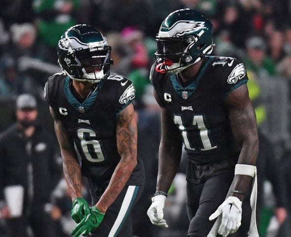 Philadelphia Eagles wide receiver DeVonta Smith (6) and wide receiver A.J. Brown (11) against the New York Giants at Lincoln Financial Field.