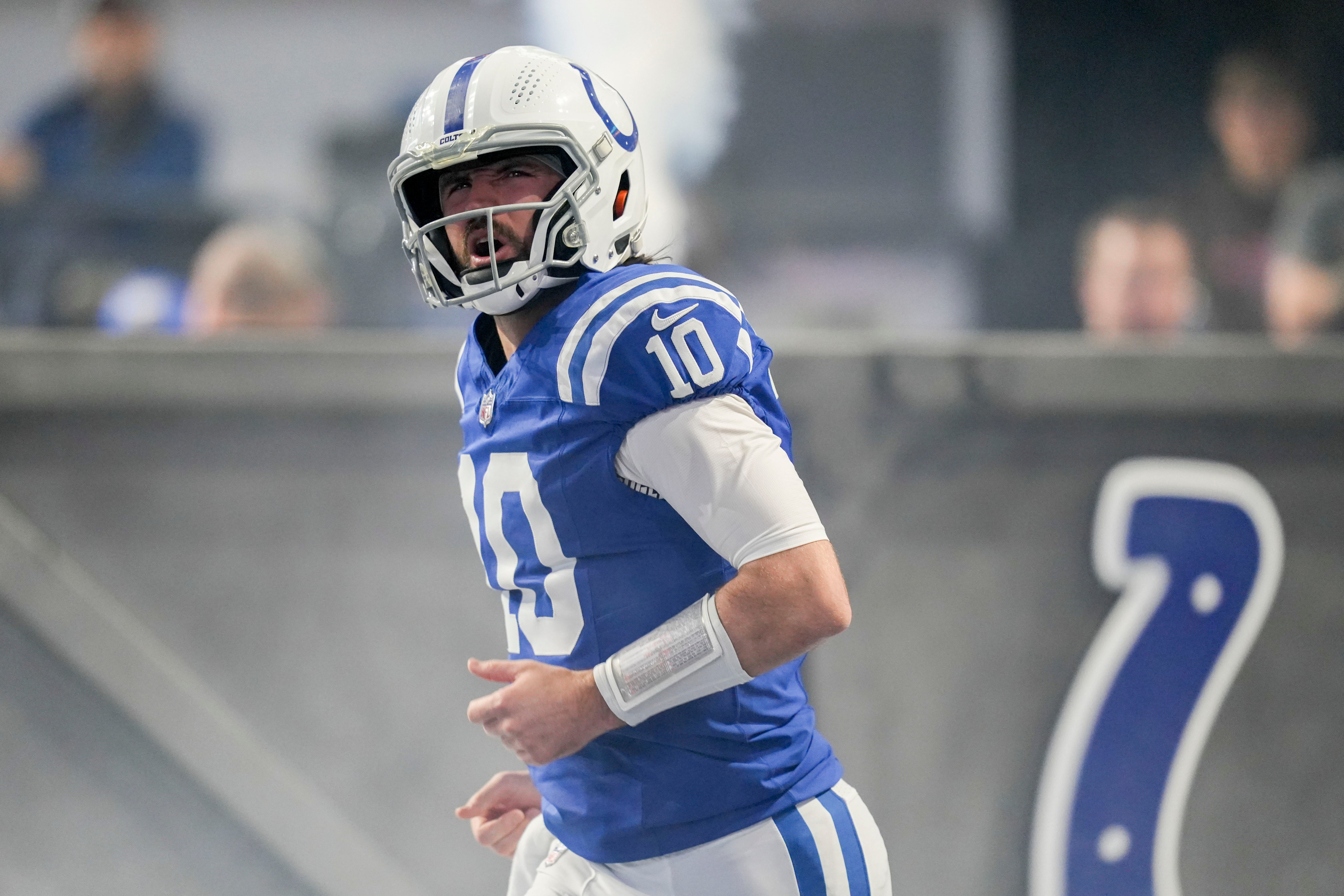 Indianapolis Colts quarterback Gardner Minshew II (10) takes the field Sunday, Dec. 31, 2023, during a game against the Las Vegas Raiders at Lucas Oil Stadium in Indianapolis.