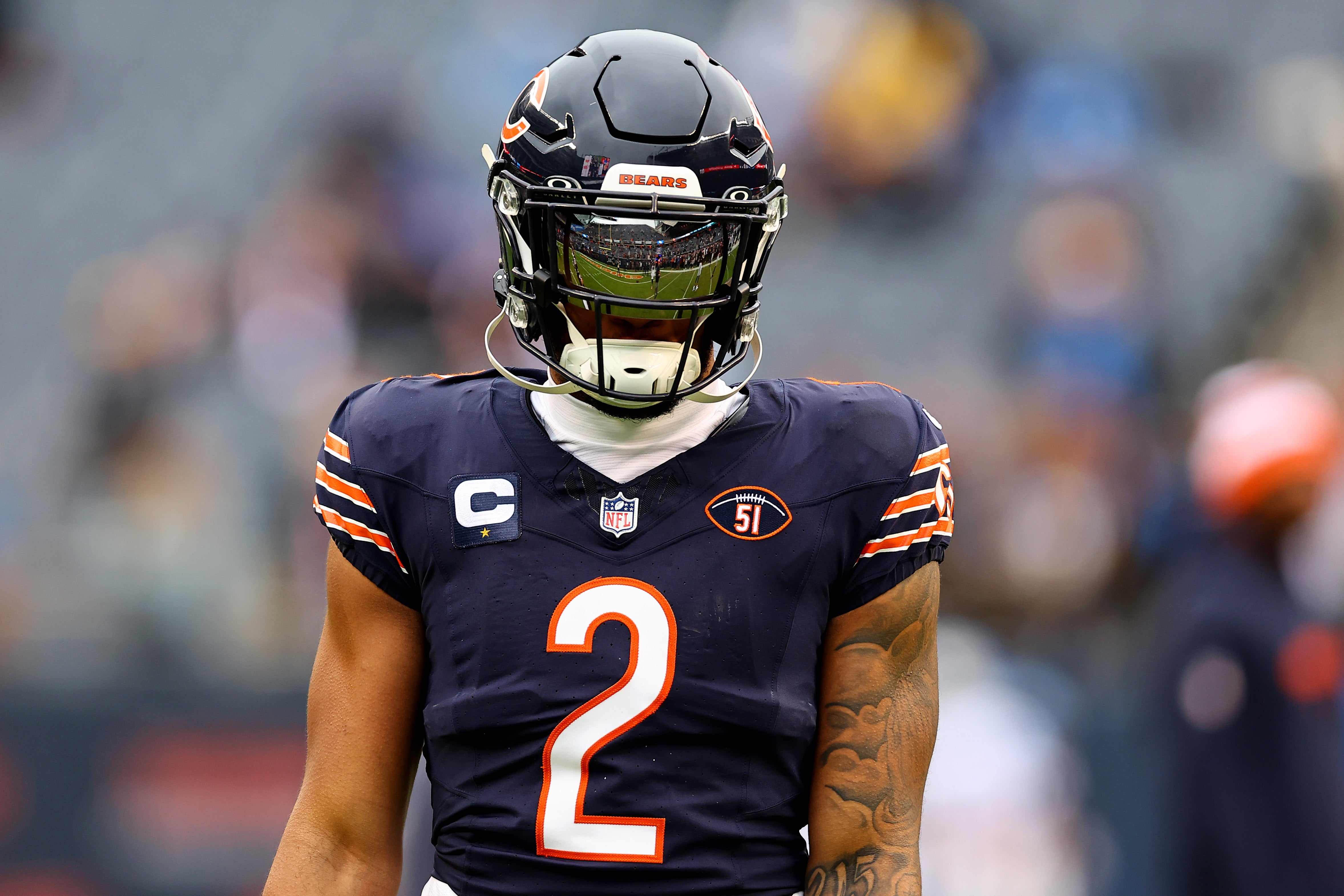 Dec 10, 2023; Chicago, Illinois, USA; Chicago Bears wide receiver DJ Moore (2) practices before the game against the Detroit Lions at Soldier Field.