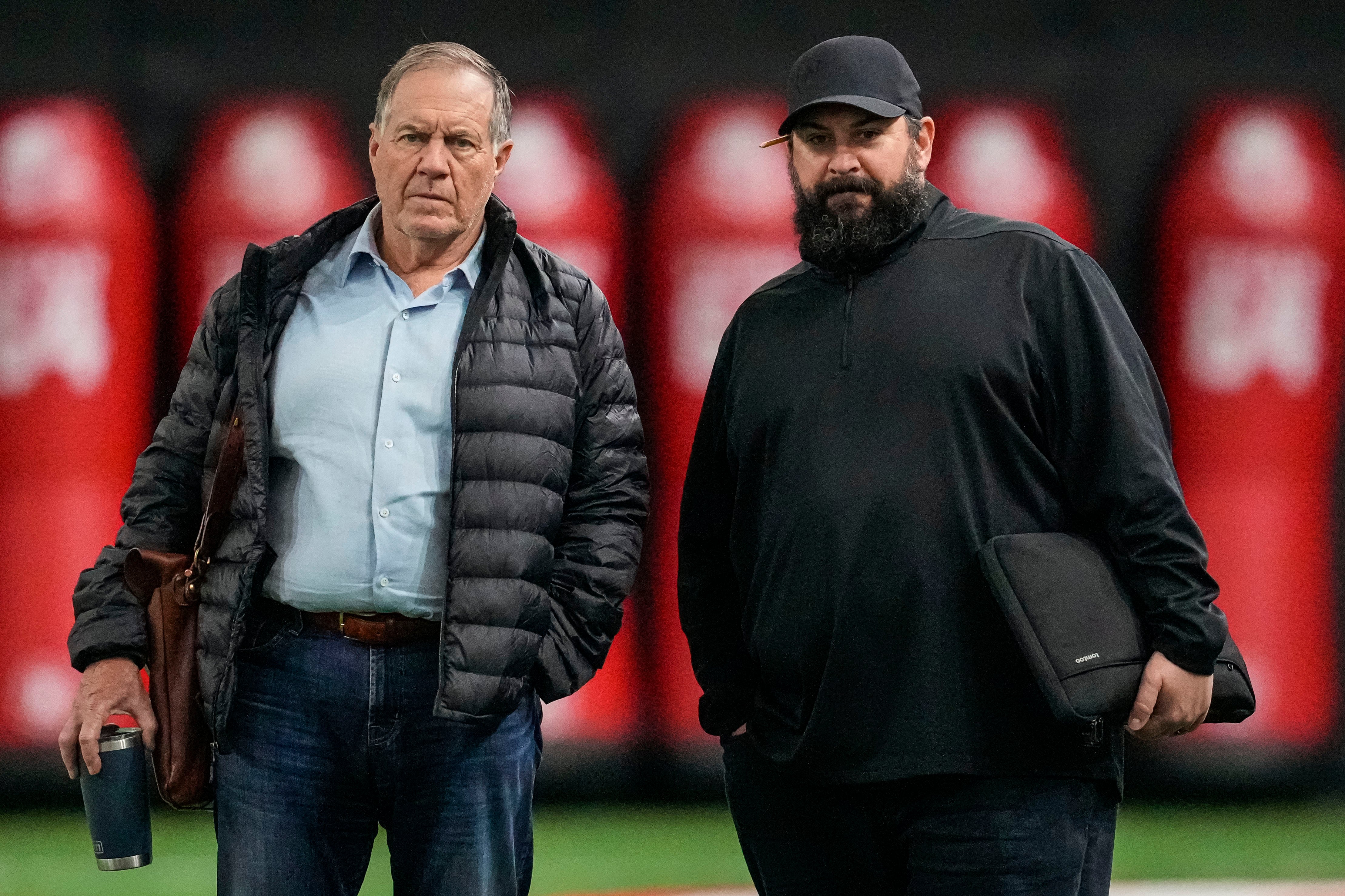 New England Patriots head coach Bill Belichick and senior advisor Matt Patricia watch during Georgia Pro Day at William Porter Payne and Porter Otis Payne Indoor Athletic Facility.