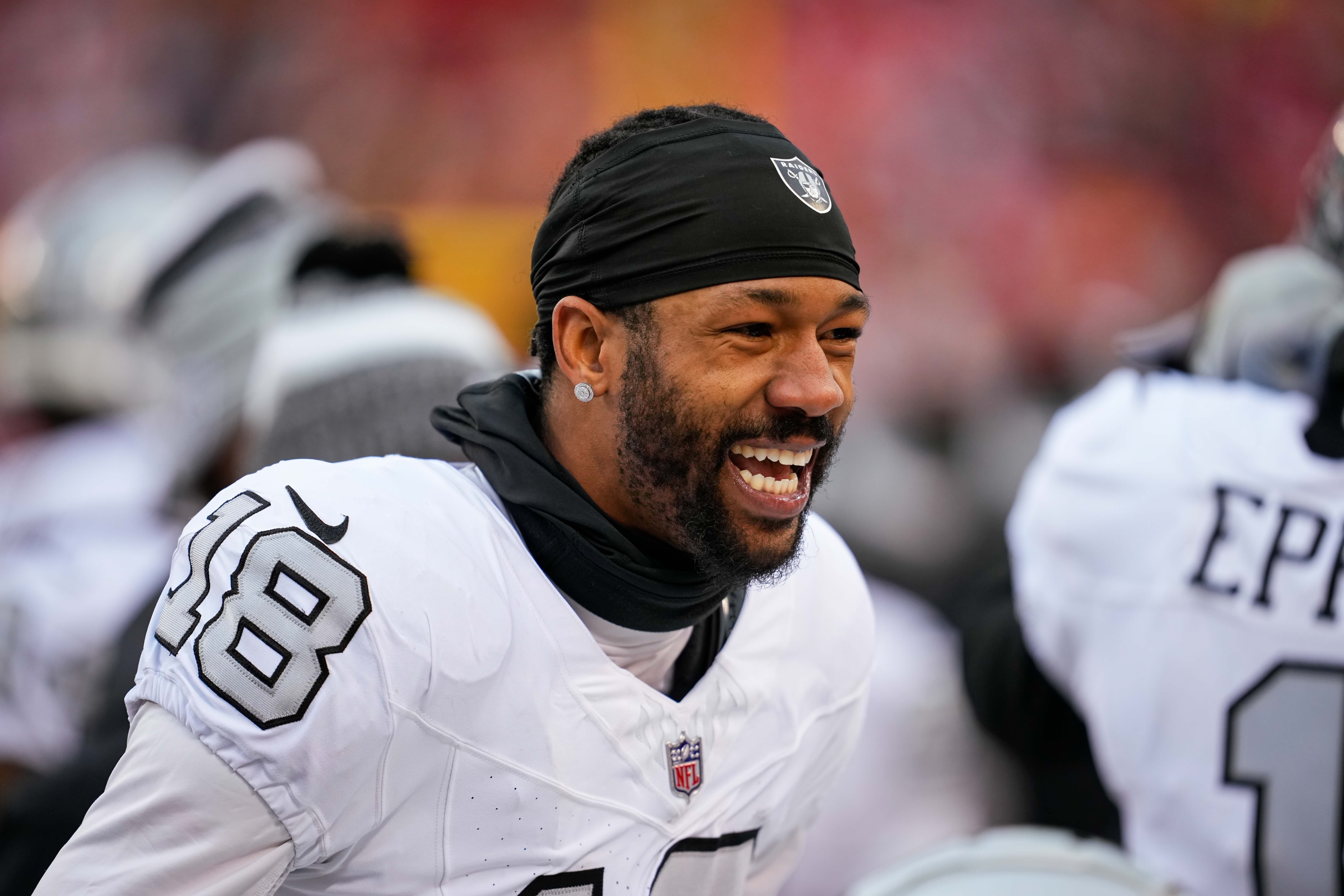 Las Vegas Raiders cornerback Jack Jones  reacts on the bench during the second half against the Kansas City Chiefs at GEHA Field at Arrowhead Stadium.